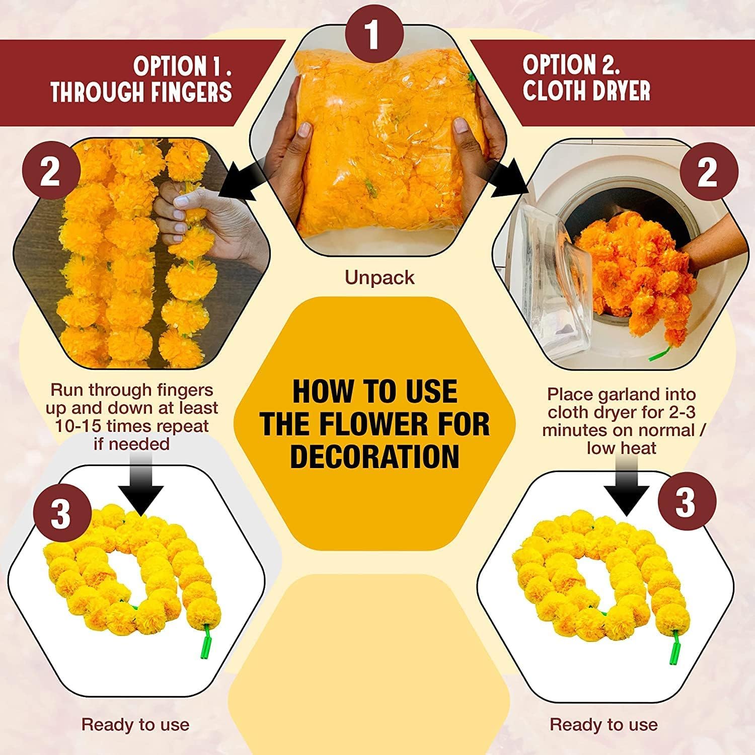 DRYPHON Artificial Marigold Flower Garlands for Decoration, Multicolour, Pack of 10 – view 6
