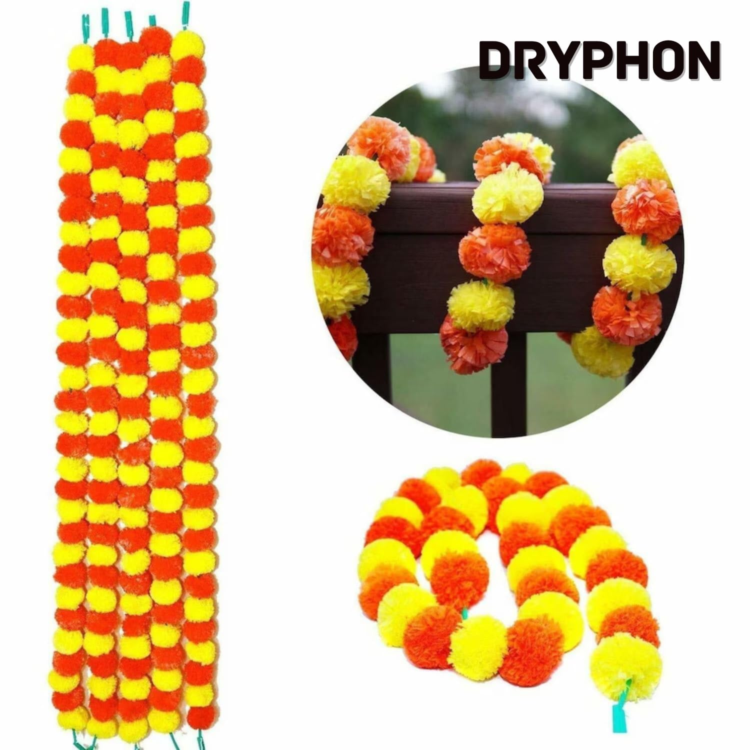 DRYPHON Artificial Marigold Flower Garlands for Decoration, Multicolour, Pack of 10 – view 3