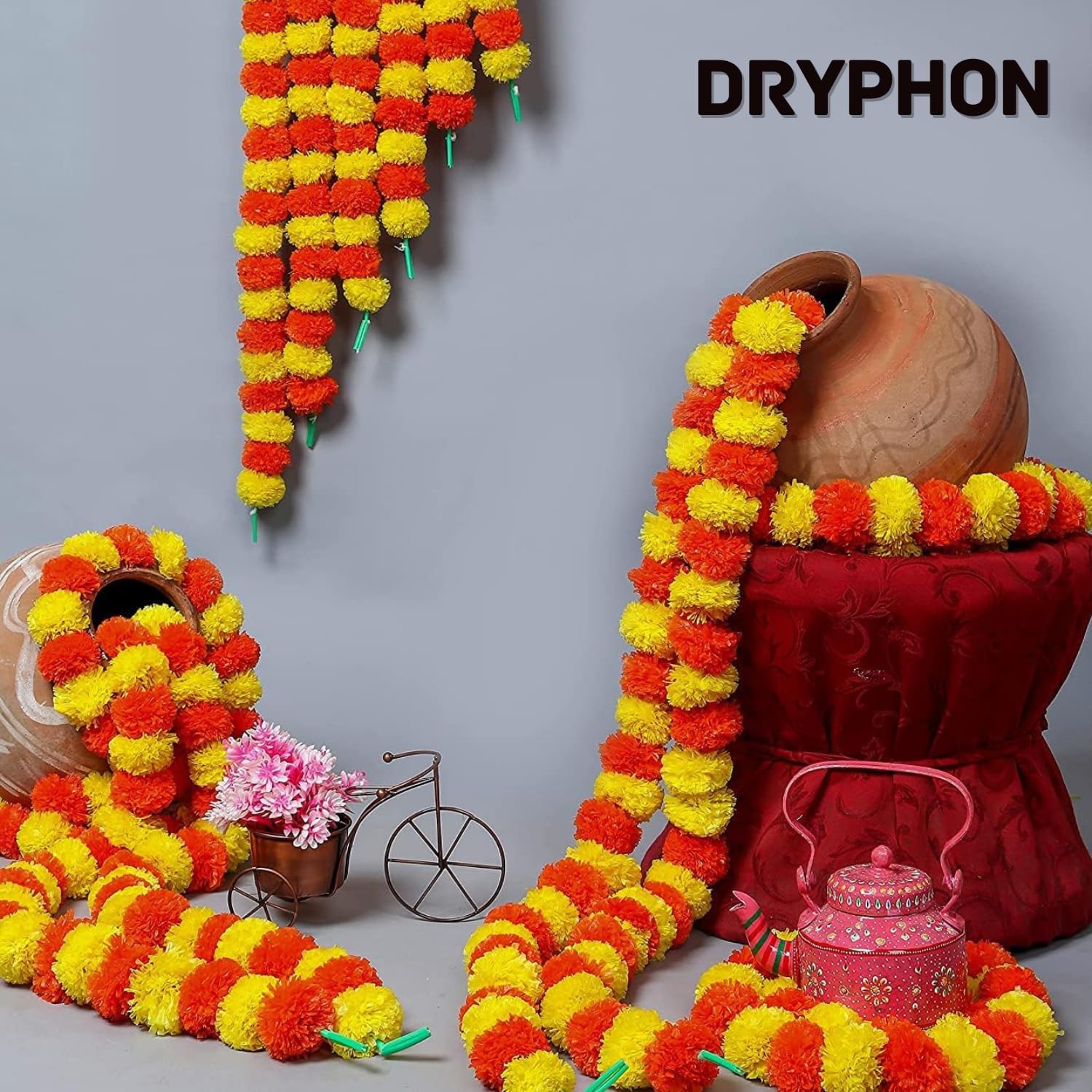 DRYPHON Artificial Marigold Flower Garlands for Decoration, Multicolour, Pack of 10 – view 4