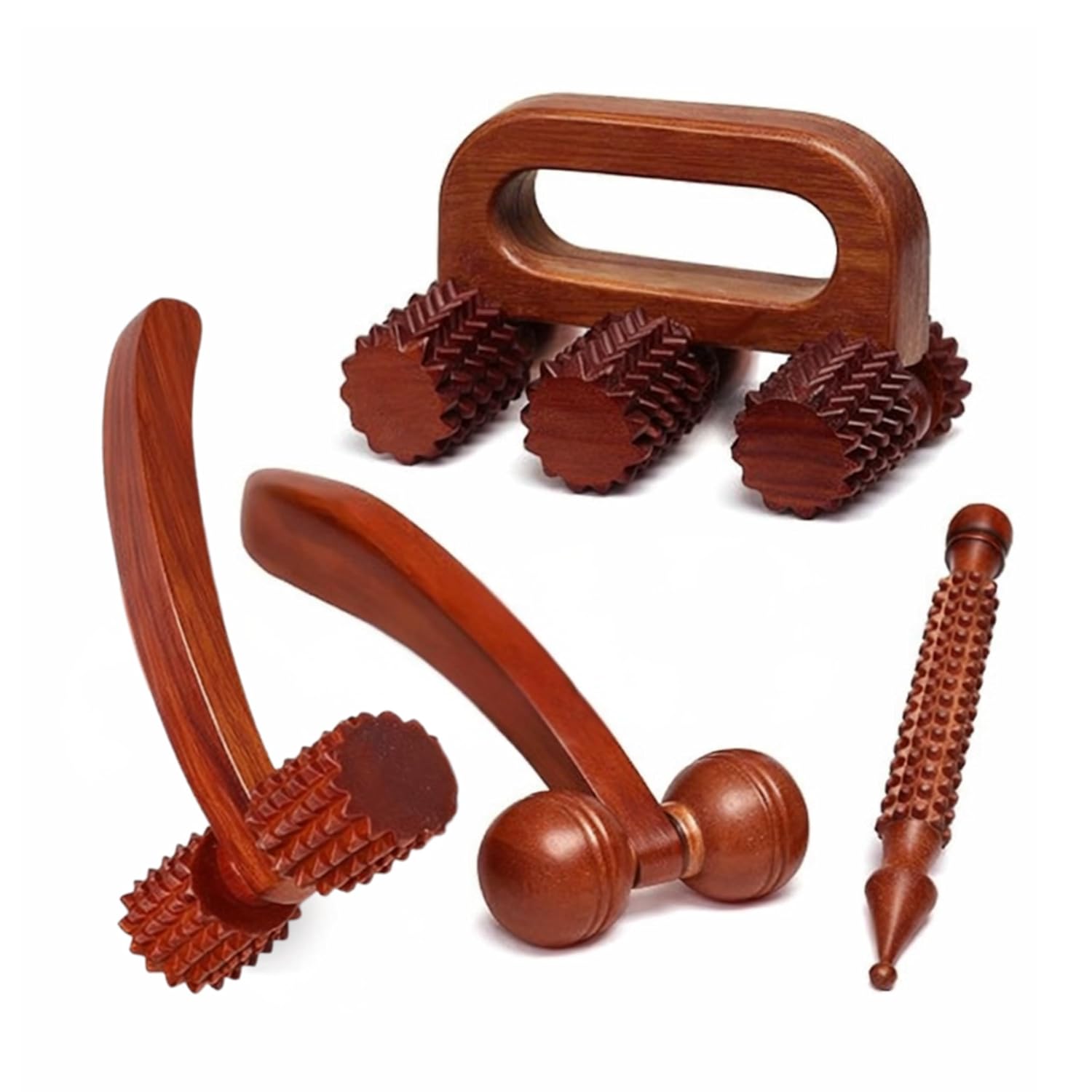 Anaya Handicrafts Wooden Body Massager Combo Set for Pain Relief Acupressure Therapy Handheld Back Neck Leg Muscle Relaxer Natural Wood Roller Massage Tools (Pack of 4)