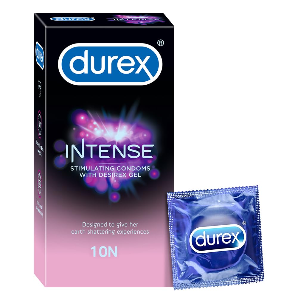 Durex Intense Condoms for Her | 2-in-1 Ribbed & Dotted Textured Condoms with Stimulating Gel | 10 Count