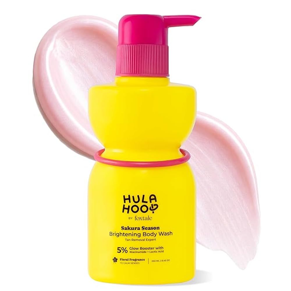 Hula Hoop Brightening Body Wash by Foxtale | Lactic Acid & Niacinamide | Reduces tan from 1st wash | Brightens & Evens Out Skin Tone | Floral Sakura Scent| for Men & Women | 250ml
