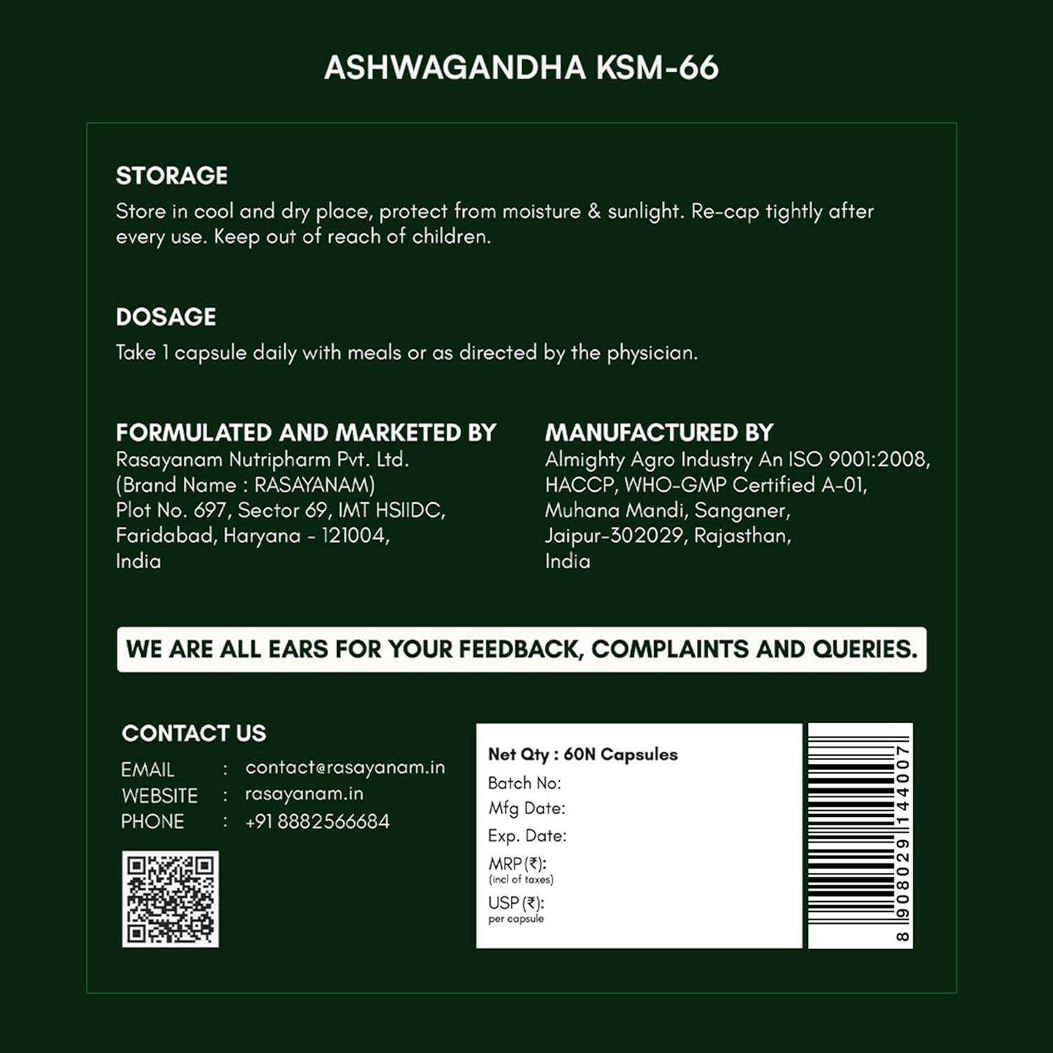 Rasayanam Ashwagandha KSM-66 Capsules, 60 Count – view 12