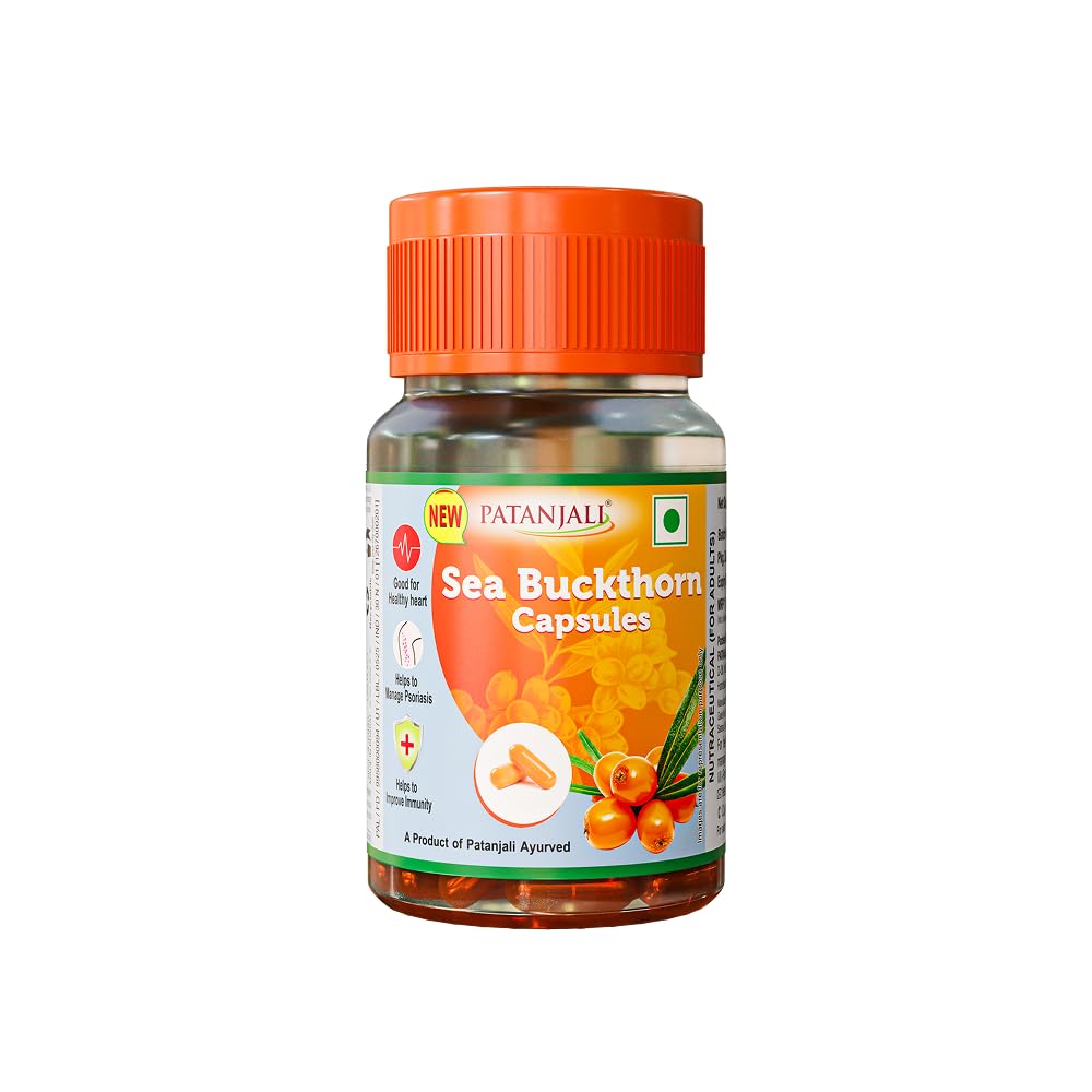 Patanjali Sea Buckthorn Fruit Berry Oil 500mg - 30 Veg HPMC Capsules | Rich in Omega 3, 6 & 9 | Dietary Supplement for Heart Health, Immunity & Deep Skin Hydration