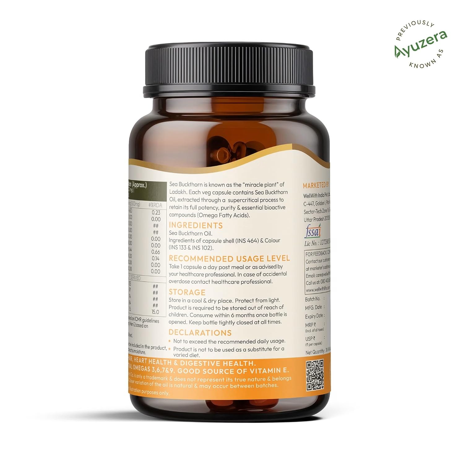 Wellwith Sea Buckthorn Berry Oil Vegan Omega 7 500mg, 30 Veg HPMC Capsules – view 12