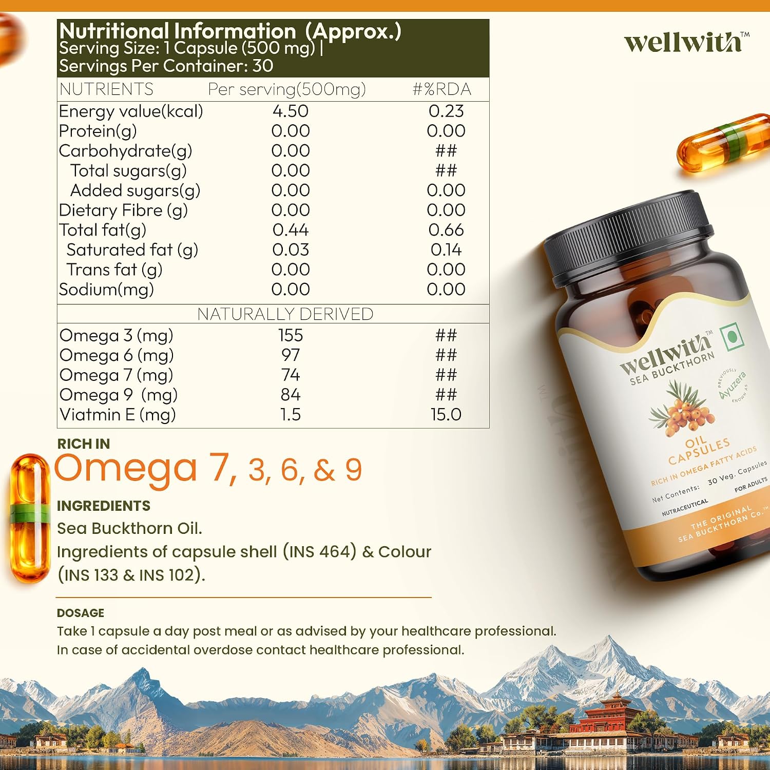 Wellwith Sea Buckthorn Berry Oil Vegan Omega 7 500mg, 30 Veg HPMC Capsules – view 5