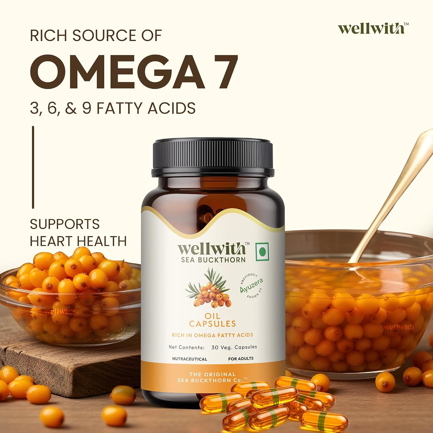 Wellwith Sea Buckthorn Berry Oil Vegan Omega 7 500mg, 30 Veg HPMC Capsules – view 3