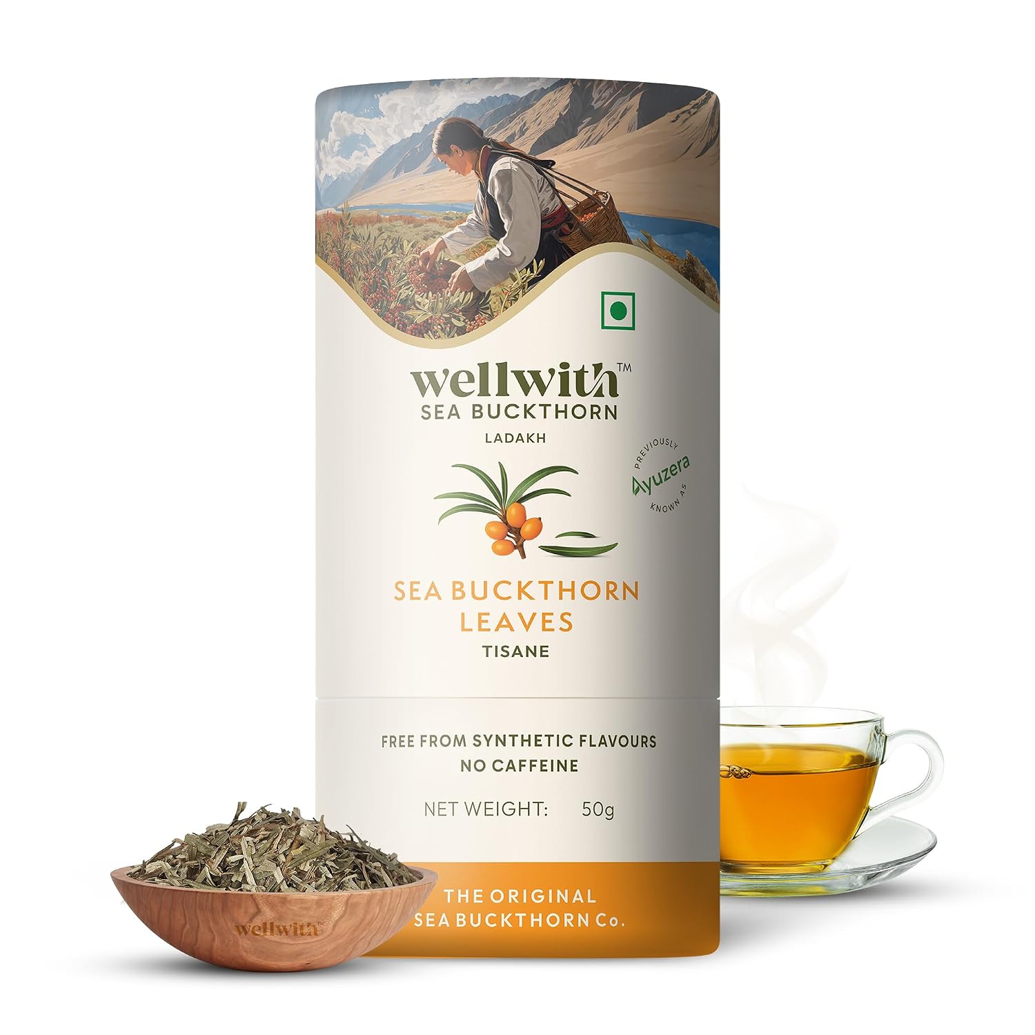 Wellwith (Ayuzera) Sea Buckthorn Raw Leaves Tea | Himalayan Herbal Leaf Tea | Good for Skin, Immunity & Detox | Pure & Natural | 50g (Pack of 1)