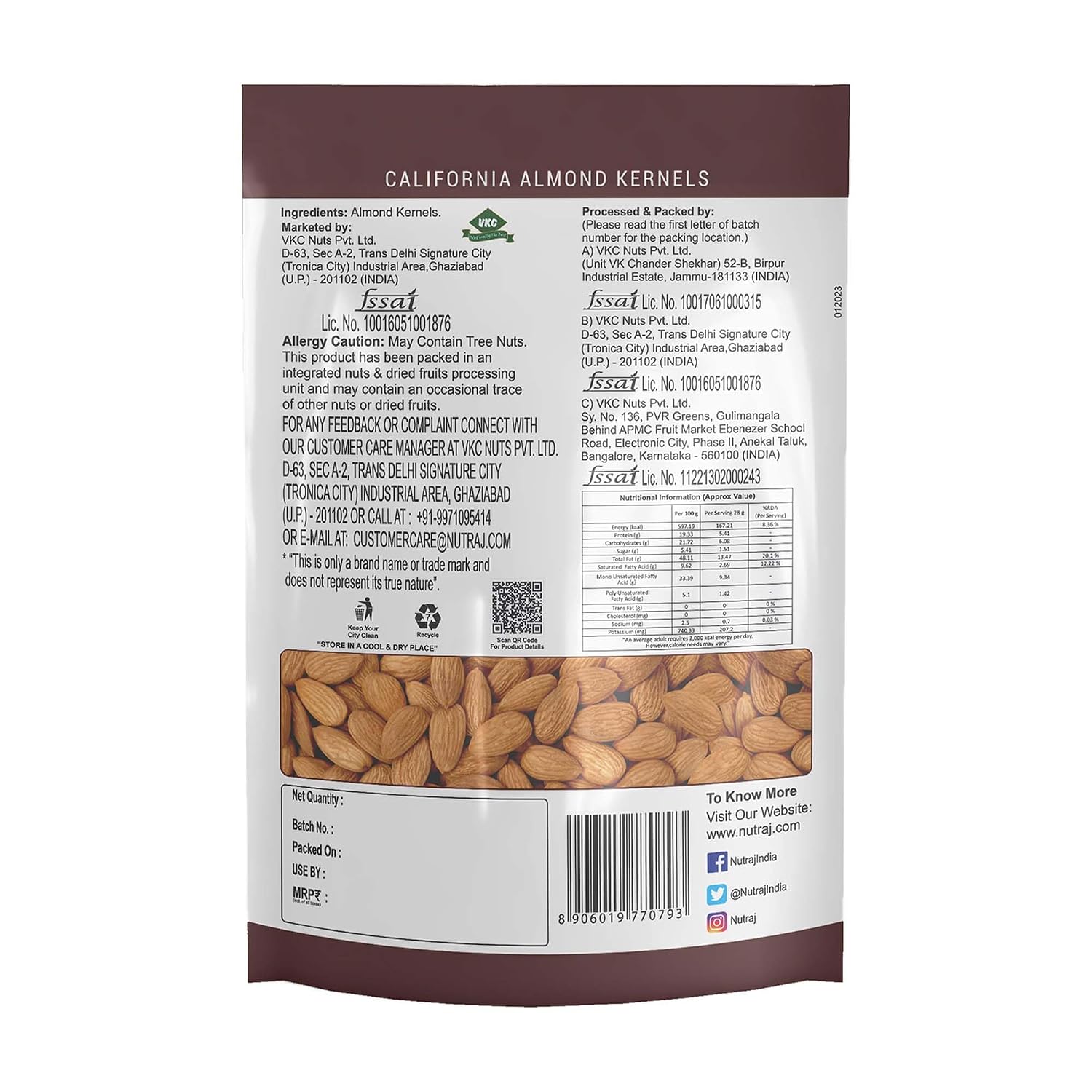 Nutraj Raw California Almonds 250g Pouch – view 2