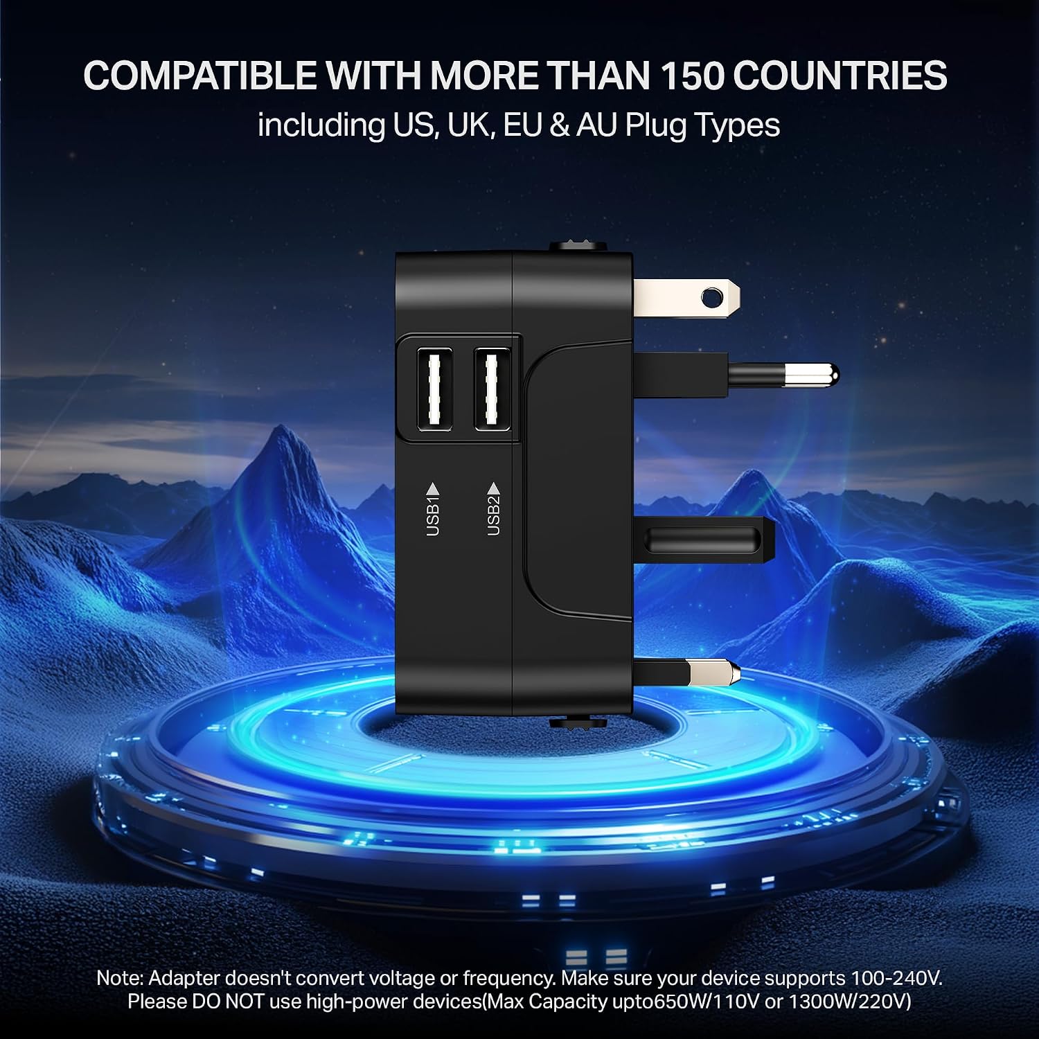 boAt Universal Travel Adapter C10 with US, UK, EU & AU Plug Types and 2 USB-A Ports – view 4