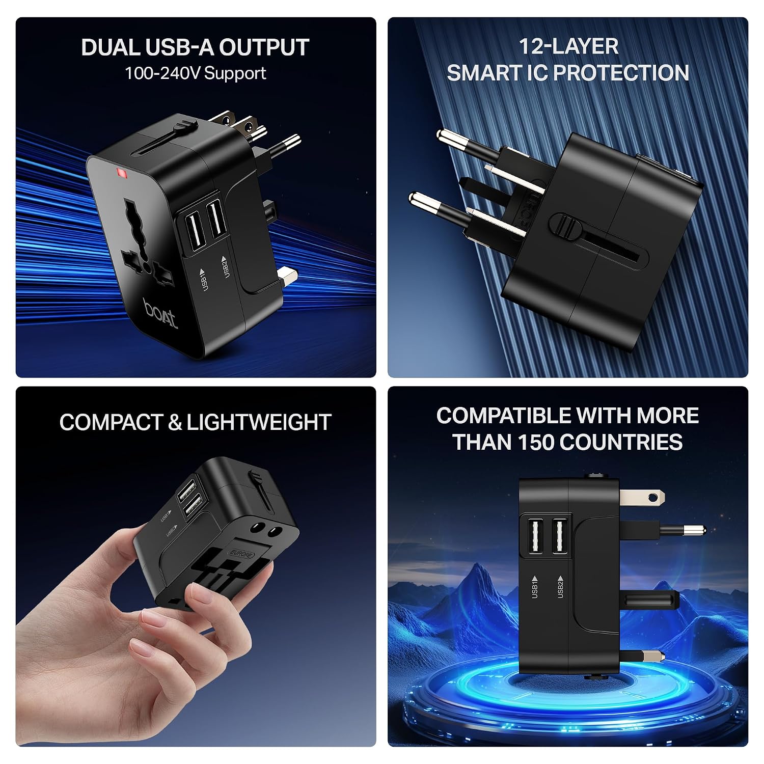 boAt Universal Travel Adapter C10 with US, UK, EU & AU Plug Types and 2 USB-A Ports – view 2