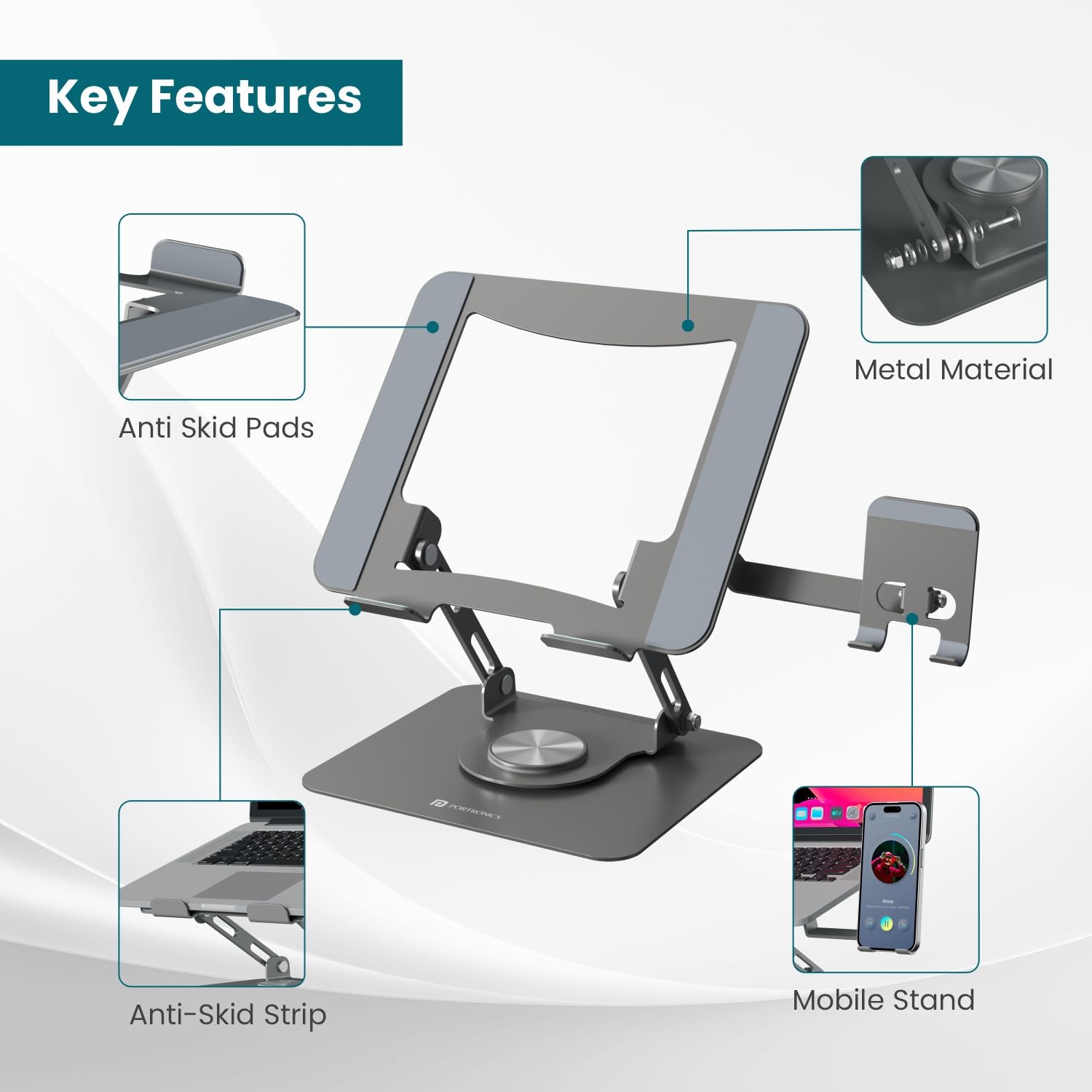 Portronics My Buddy K9 Pro 2-in-1 Laptop & Phone Stand with 360° Rotating Base, Adjustable Height & Angle, Foldable Metal Design – view 5
