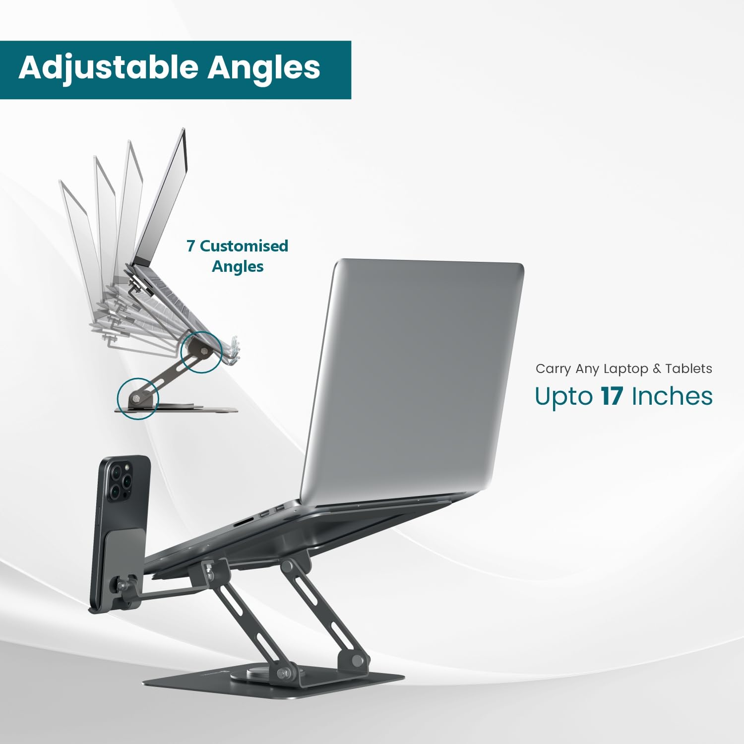 Portronics My Buddy K9 Pro 2-in-1 Laptop & Phone Stand with 360° Rotating Base, Adjustable Height & Angle, Foldable Metal Design – view 2