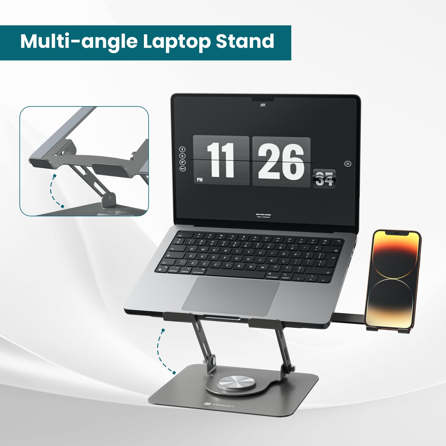 Portronics My Buddy K9 Pro 2-in-1 Laptop & Phone Stand with 360° Rotating Base, Adjustable Height & Angle, Foldable Metal Design – view 8