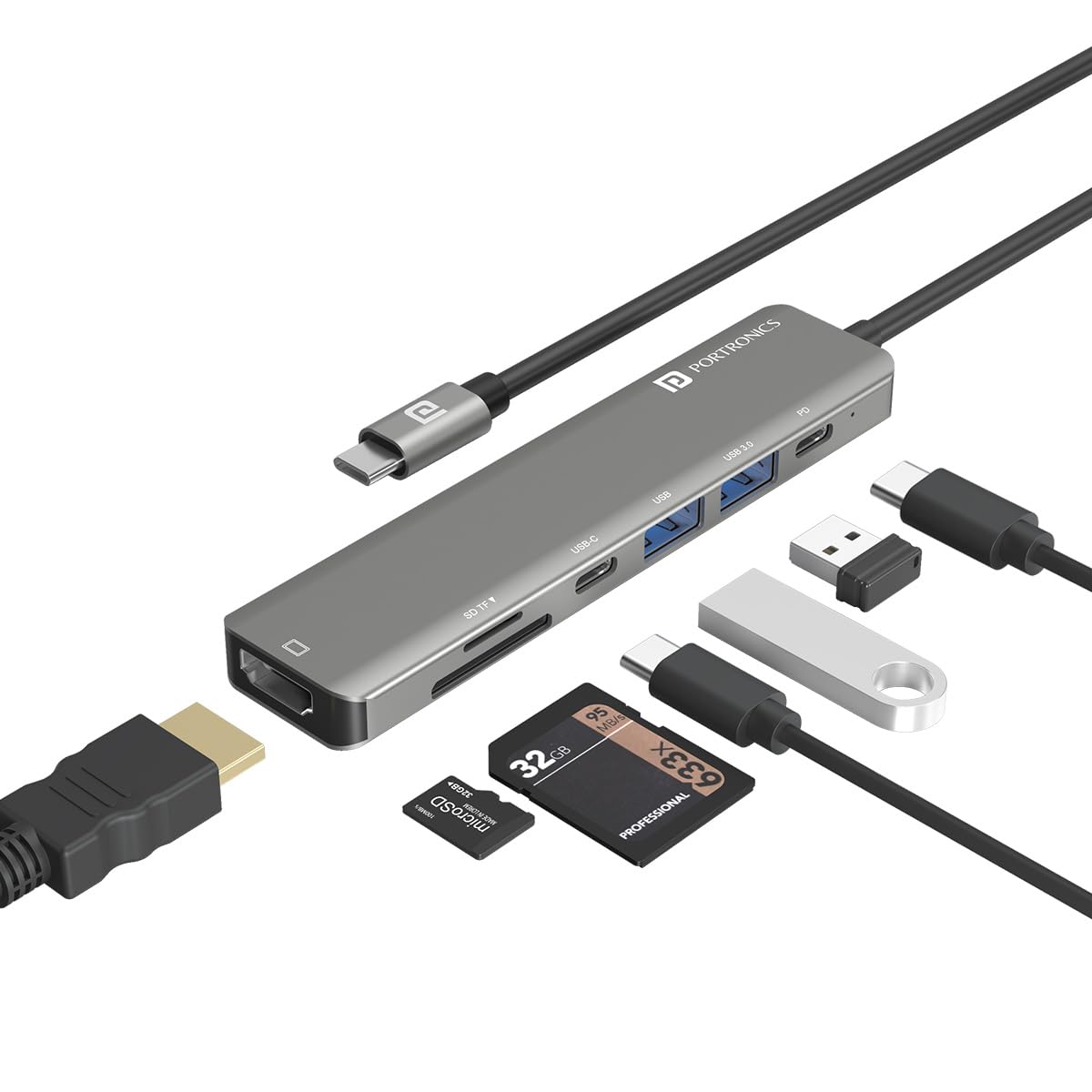 Portronics Mport 52 USB C Hub Dock (7-in-1), Multiport Adapter with 4K HDMI, 60 W PD Charging, USB 3.0/2.0 & USB Type-C Data Ports at up to 10 Gbps, microSD & SD Card Reader for Laptops(Grey)