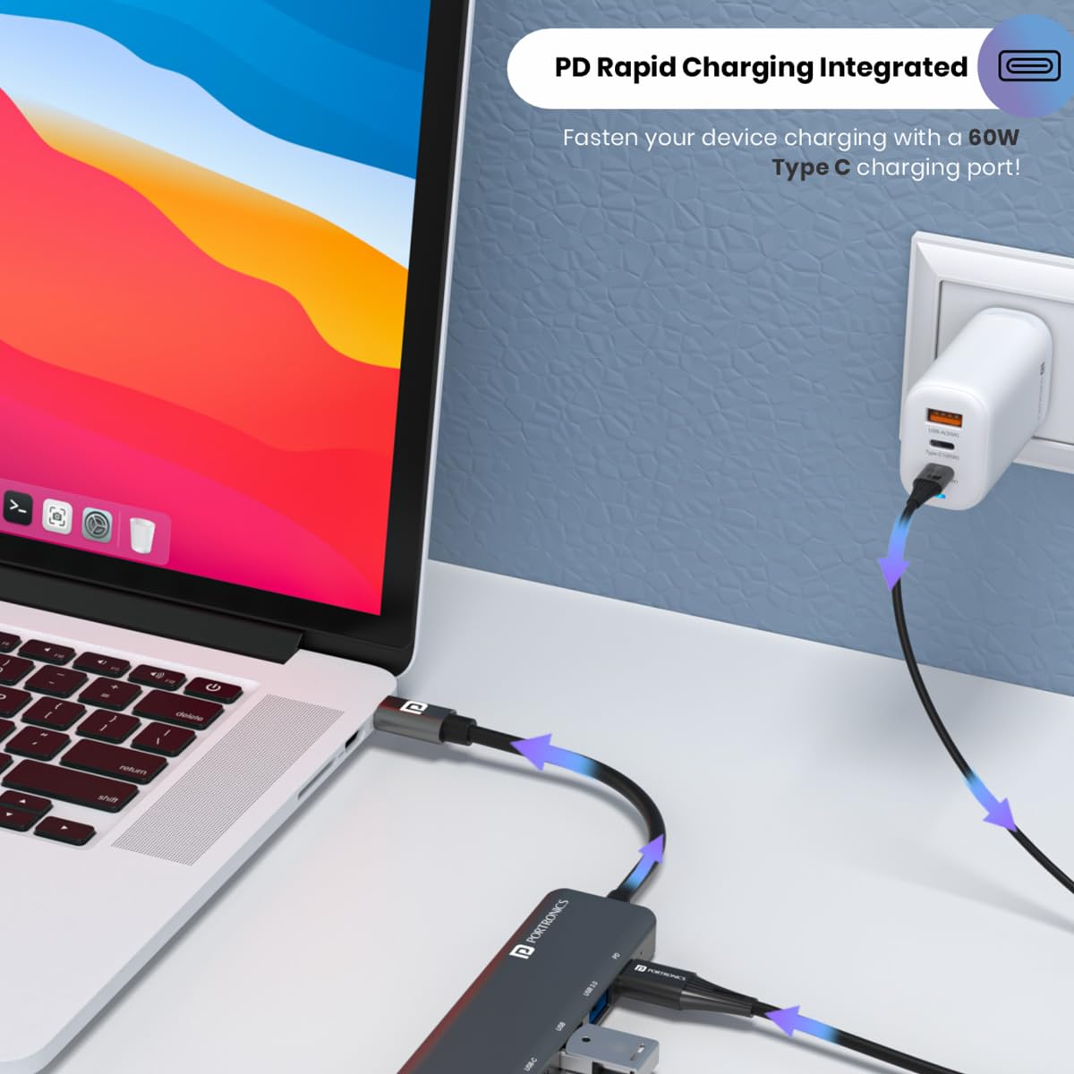 Portronics Mport 52 7-in-1 USB-C Hub Dock with 4K HDMI, 60W PD, SD/microSD, Grey – view 2