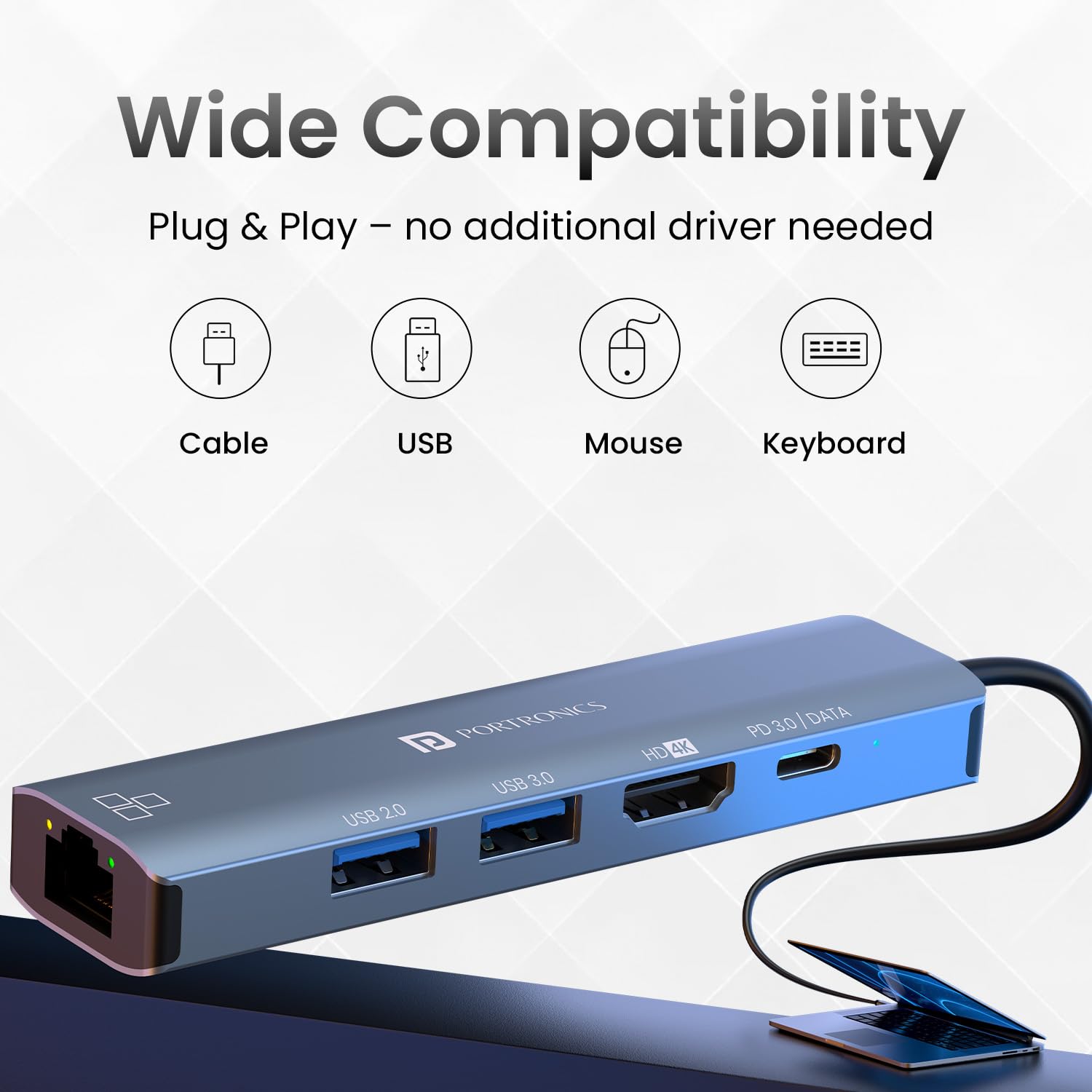 Portronics Mport 51 5-in-1 USB-C Hub Docking Station with RJ45 Ethernet, HDMI, USB 3.0, PD Quick Charge, 4K, Grey – view 8