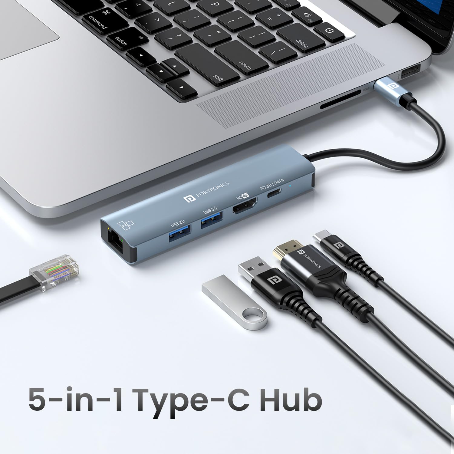 Portronics Mport 51 5-in-1 USB-C Hub Docking Station with RJ45 Ethernet, HDMI, USB 3.0, PD Quick Charge, 4K, Grey – view 2