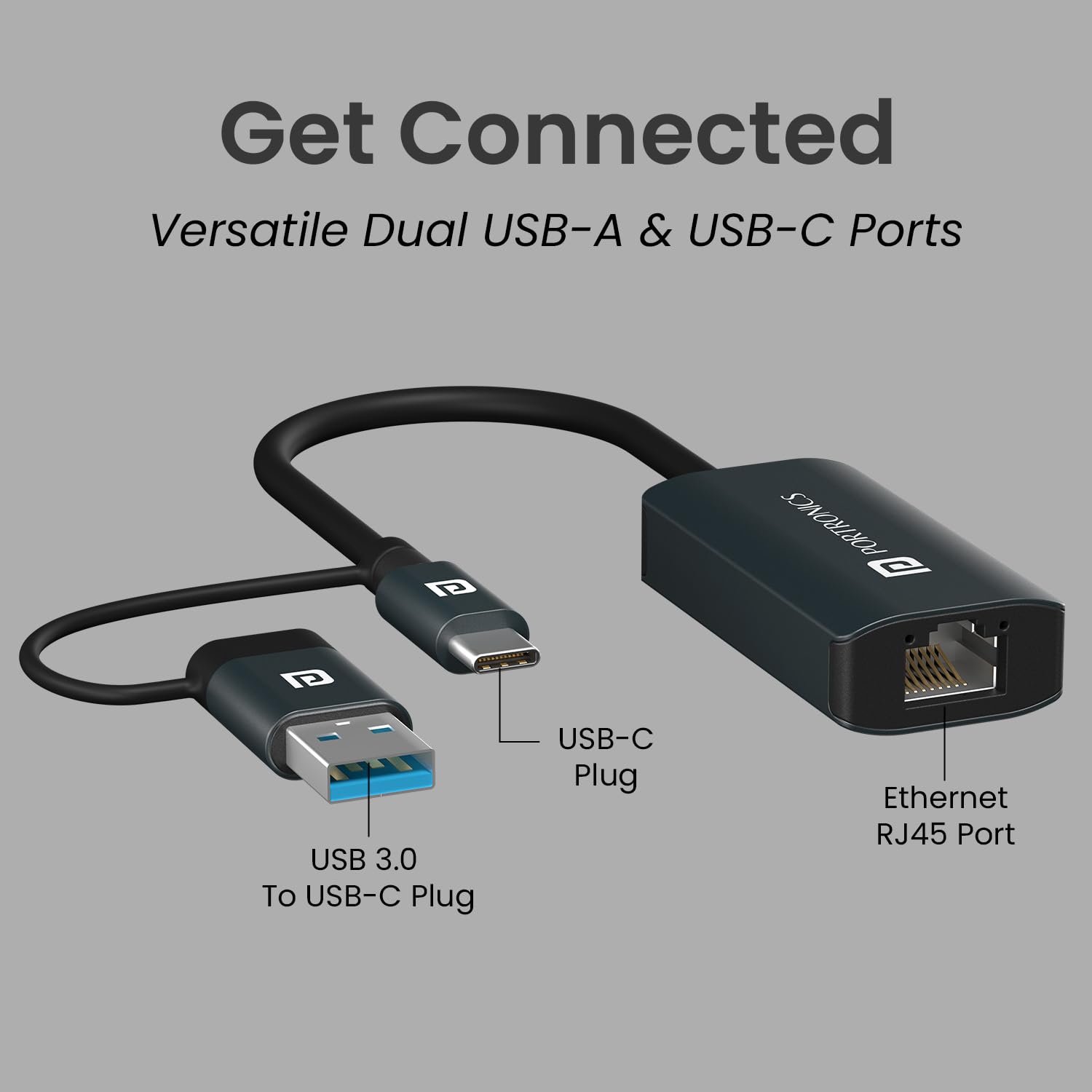 Portronics Mport X1 Gigabit Ethernet Adapter, USB-C + USB-A to RJ45, Grey – view 2