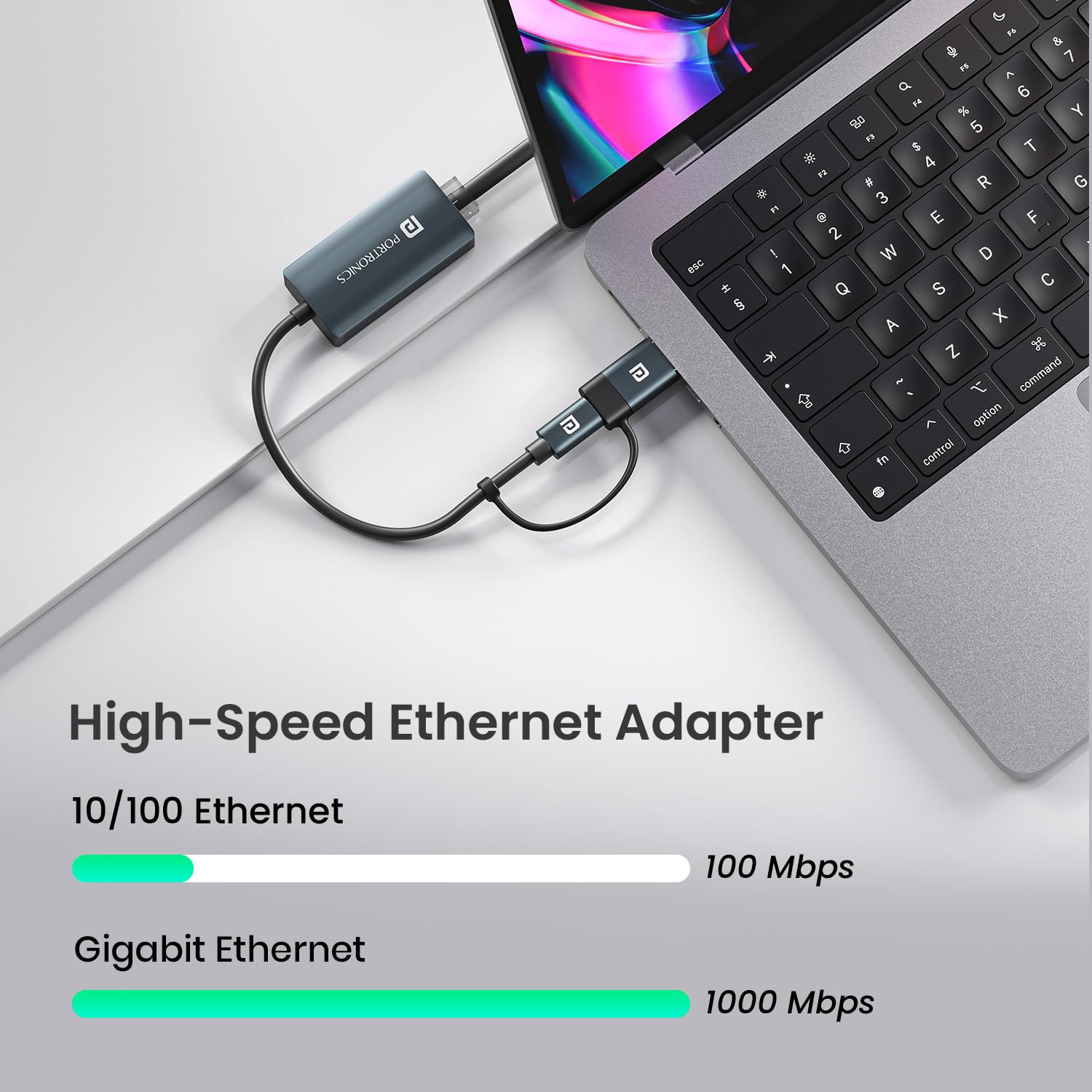 Portronics Mport X1 Gigabit Ethernet Adapter, USB-C + USB-A to RJ45, Grey – view 4