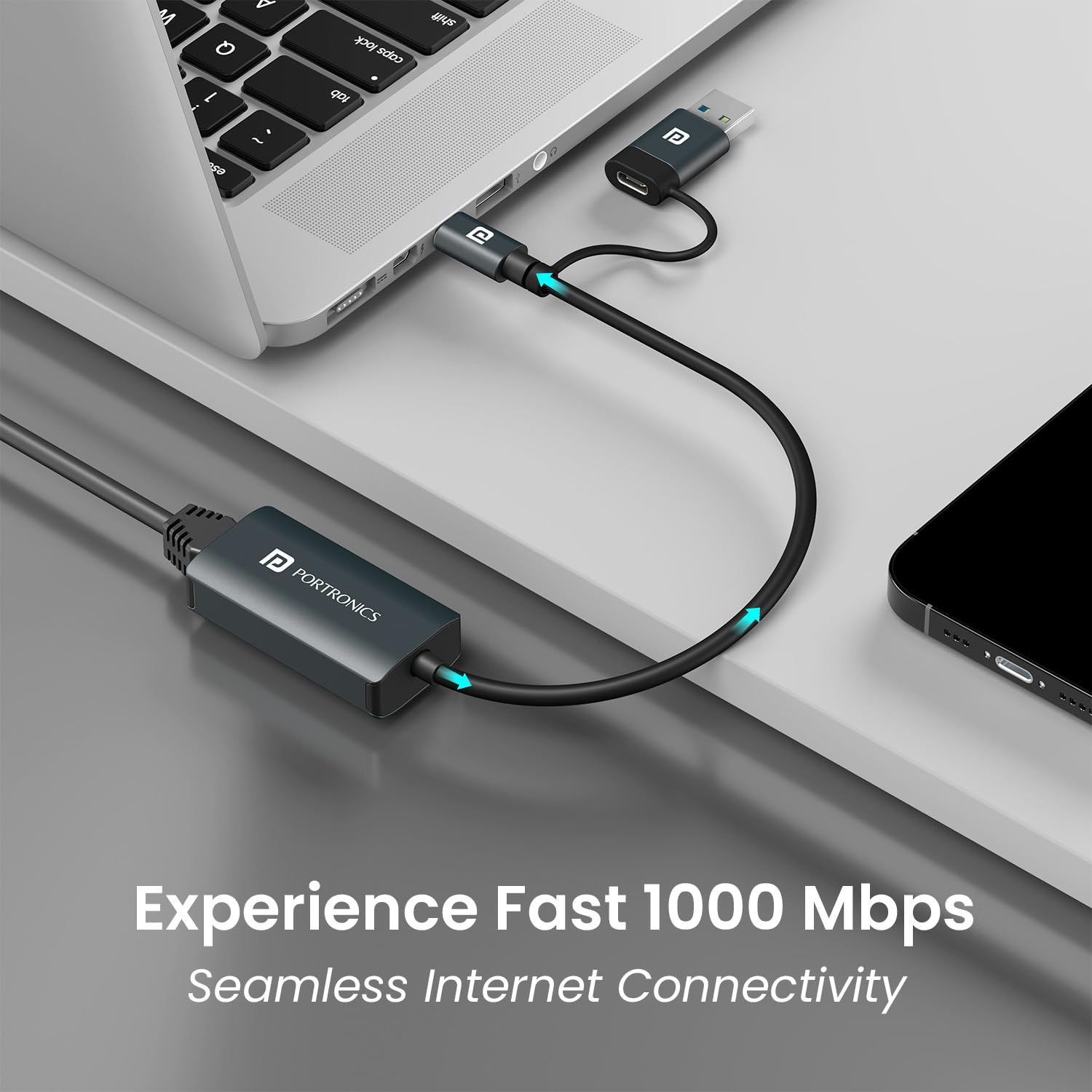 Portronics Mport X1 Gigabit Ethernet Adapter, USB-C + USB-A to RJ45, Grey – view 3