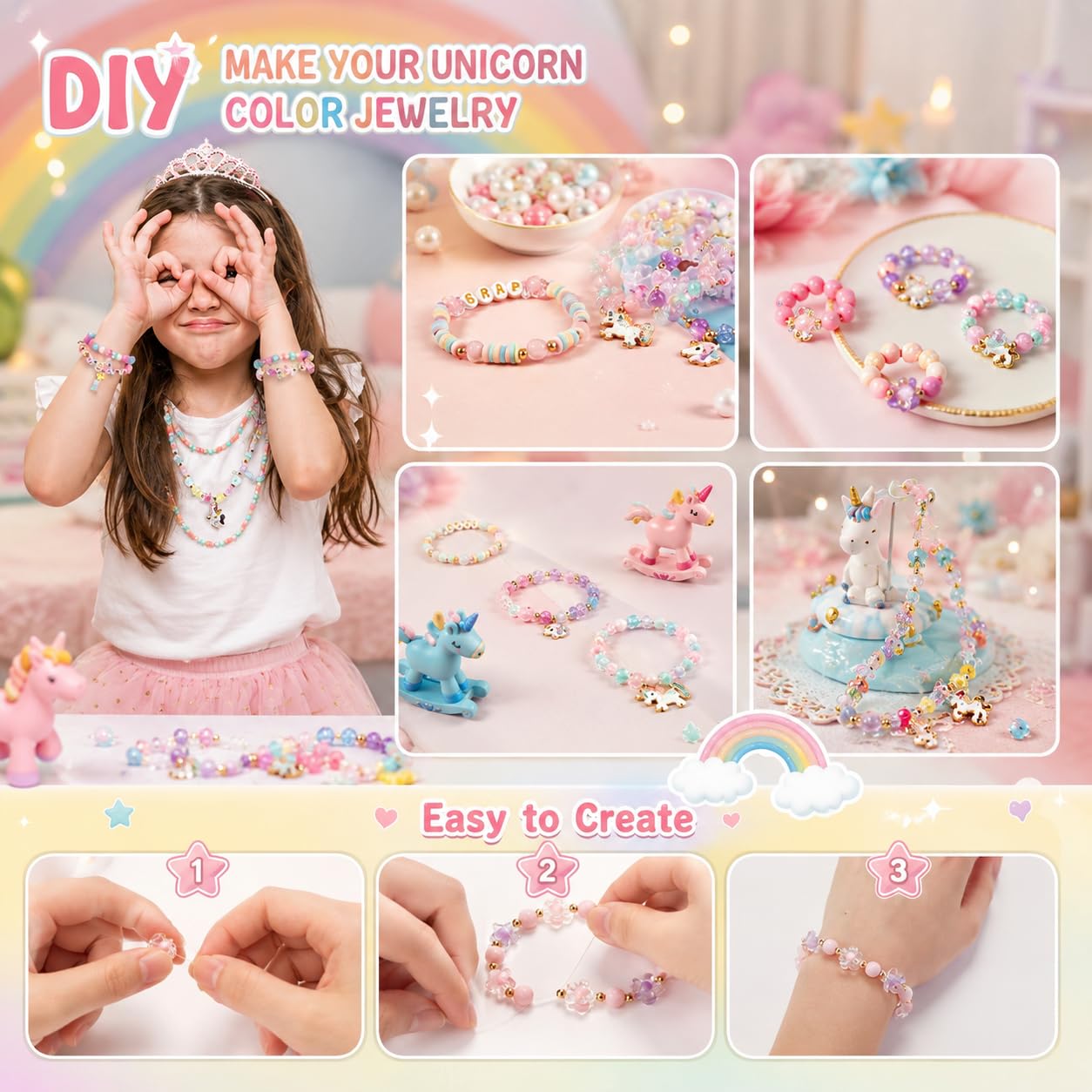 curve creation Bracelet Making Kit for Girls with Clay Beads, Letter Beads, Unicorn & Rainbow Charms – view 7