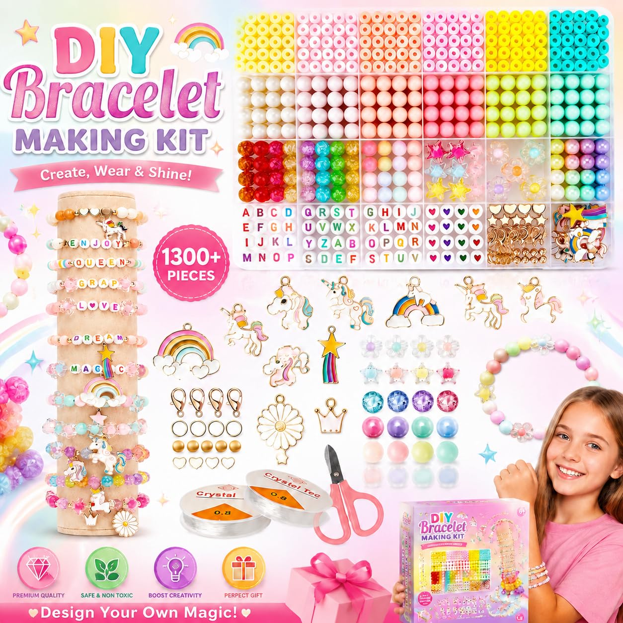 curve creation Bracelet Making Kit for Girls with Clay Beads, Letter Beads, Unicorn & Rainbow Charms – view 5