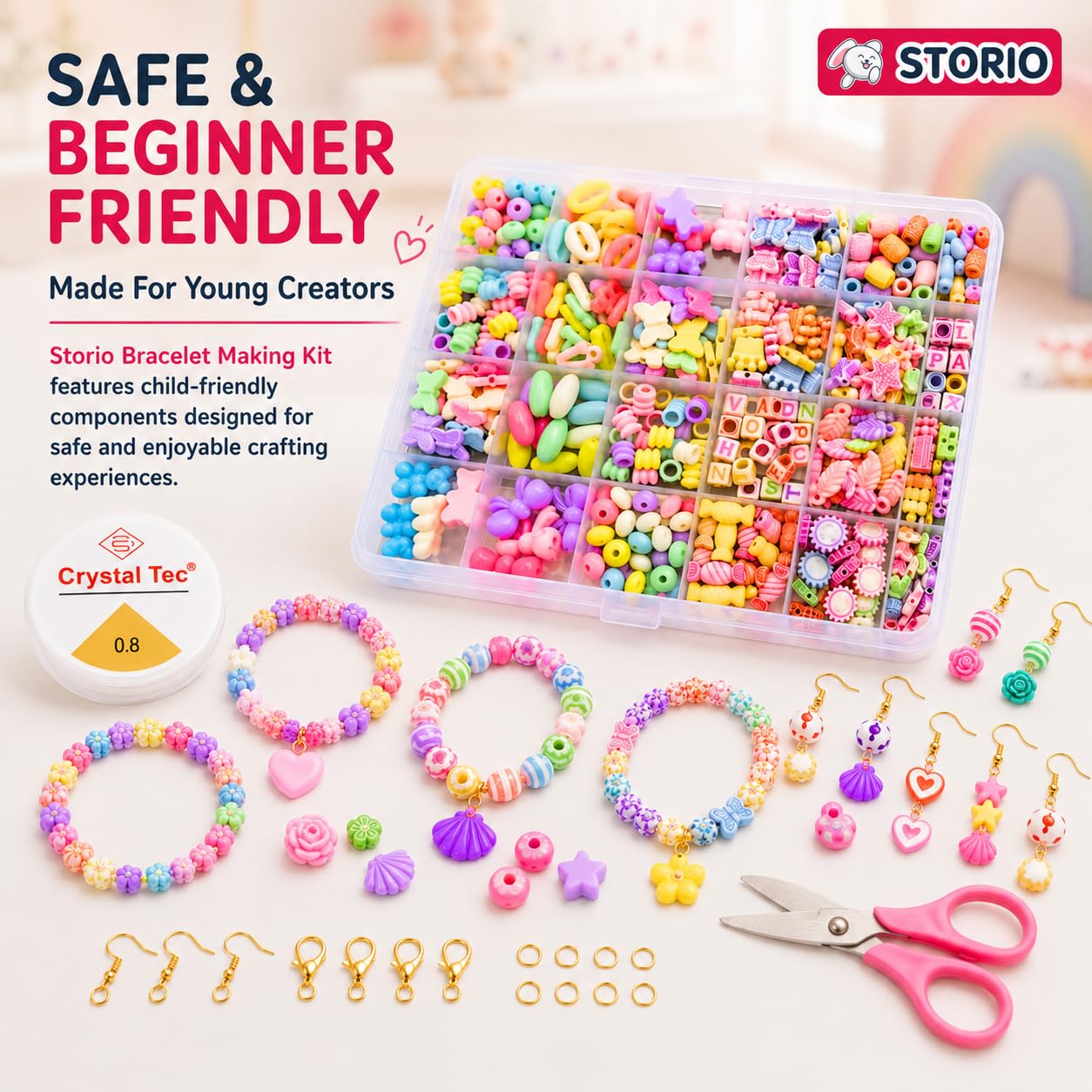 Storio DIY Bracelet Making Kit for Girls with Beads, Charms, Elastic String & Scissors – view 5