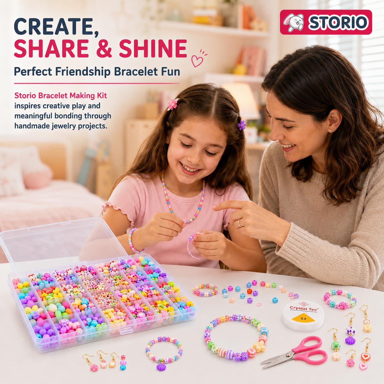 Storio DIY Bracelet Making Kit for Girls with Beads, Charms, Elastic String & Scissors – view 3