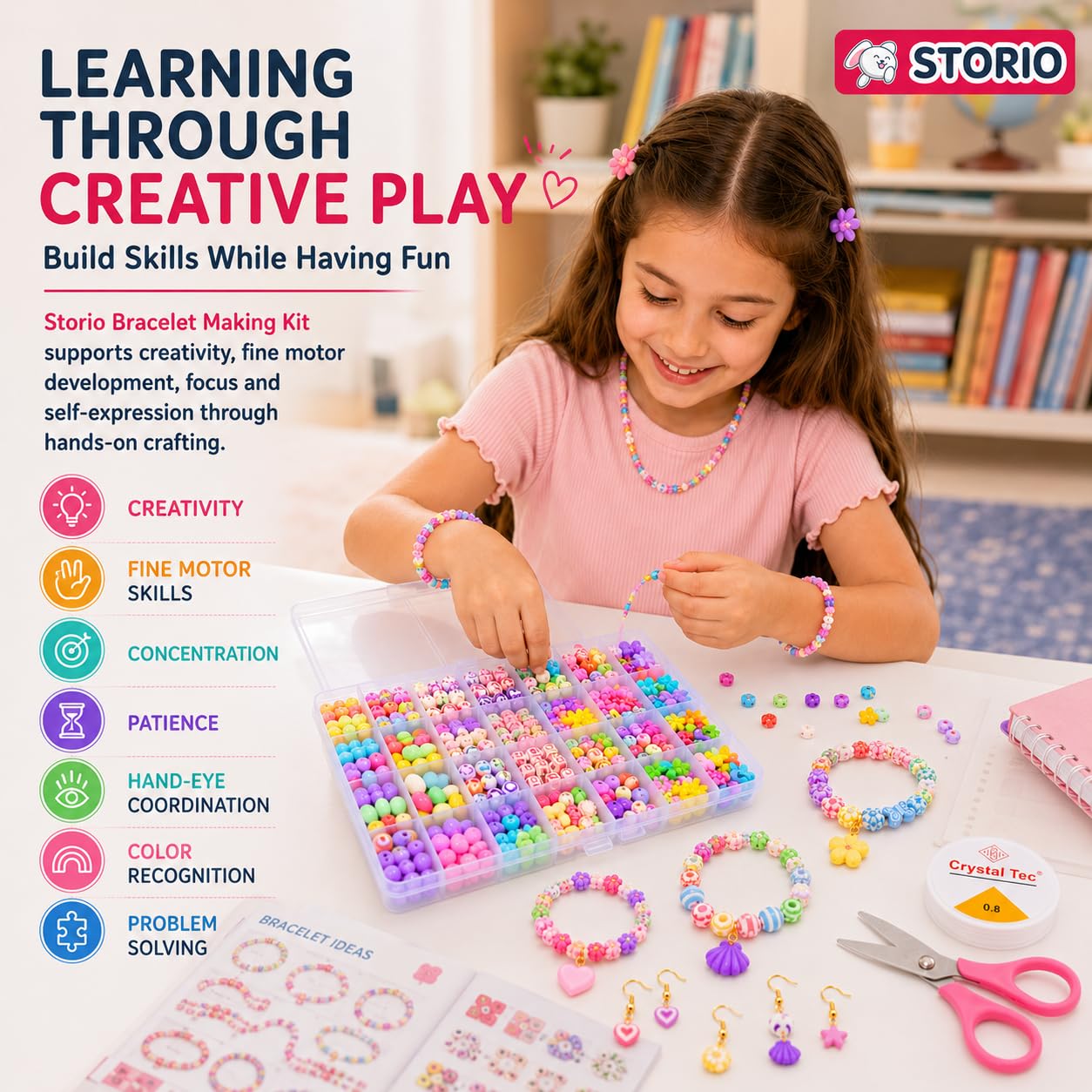 Storio DIY Bracelet Making Kit for Girls with Beads, Charms, Elastic String & Scissors – view 8