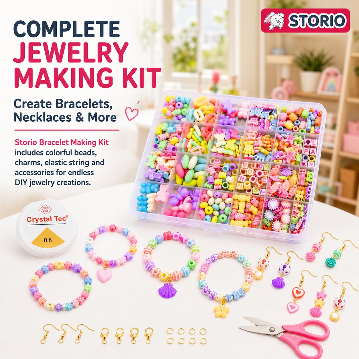 Storio DIY Bracelet Making Kit for Girls with Beads, Charms, Elastic String & Scissors – view 2