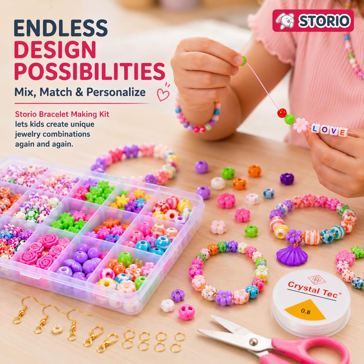 Storio DIY Bracelet Making Kit for Girls with Beads, Charms, Elastic String & Scissors – view 4