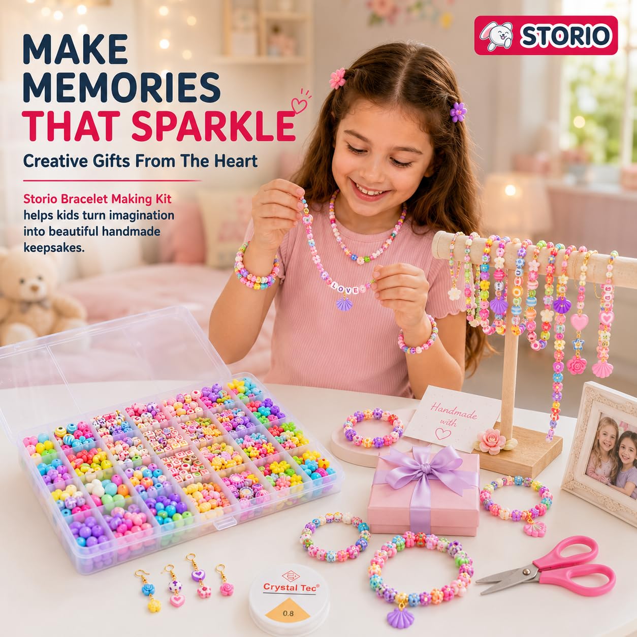 Storio DIY Bracelet Making Kit for Girls with Beads, Charms, Elastic String & Scissors – view 6