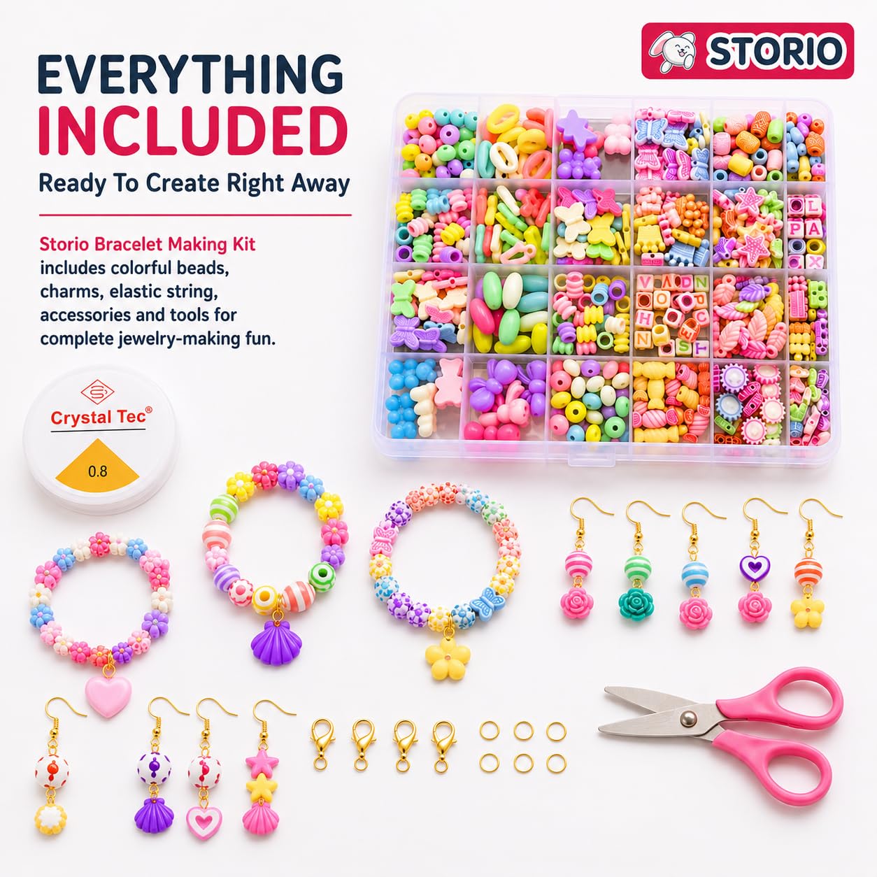 Storio DIY Bracelet Making Kit for Girls with Beads, Charms, Elastic String & Scissors – view 7