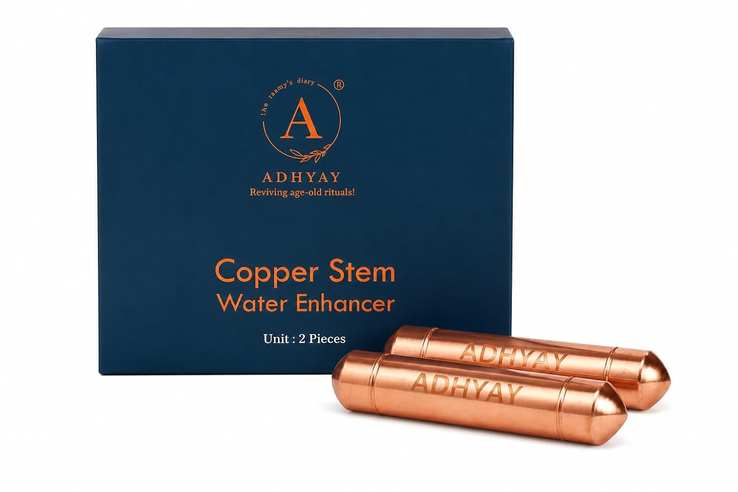 ADHYAY Copper Stem Water Enhancer — 99.9% Pure Unpolished Copper Stick, Lab-Tested Food-Grade | Ayurvedic Tamra Jal Charger for Glass, Bottle, Jug & Mitti Ka Matka | Portable Reusable, 2 Pc