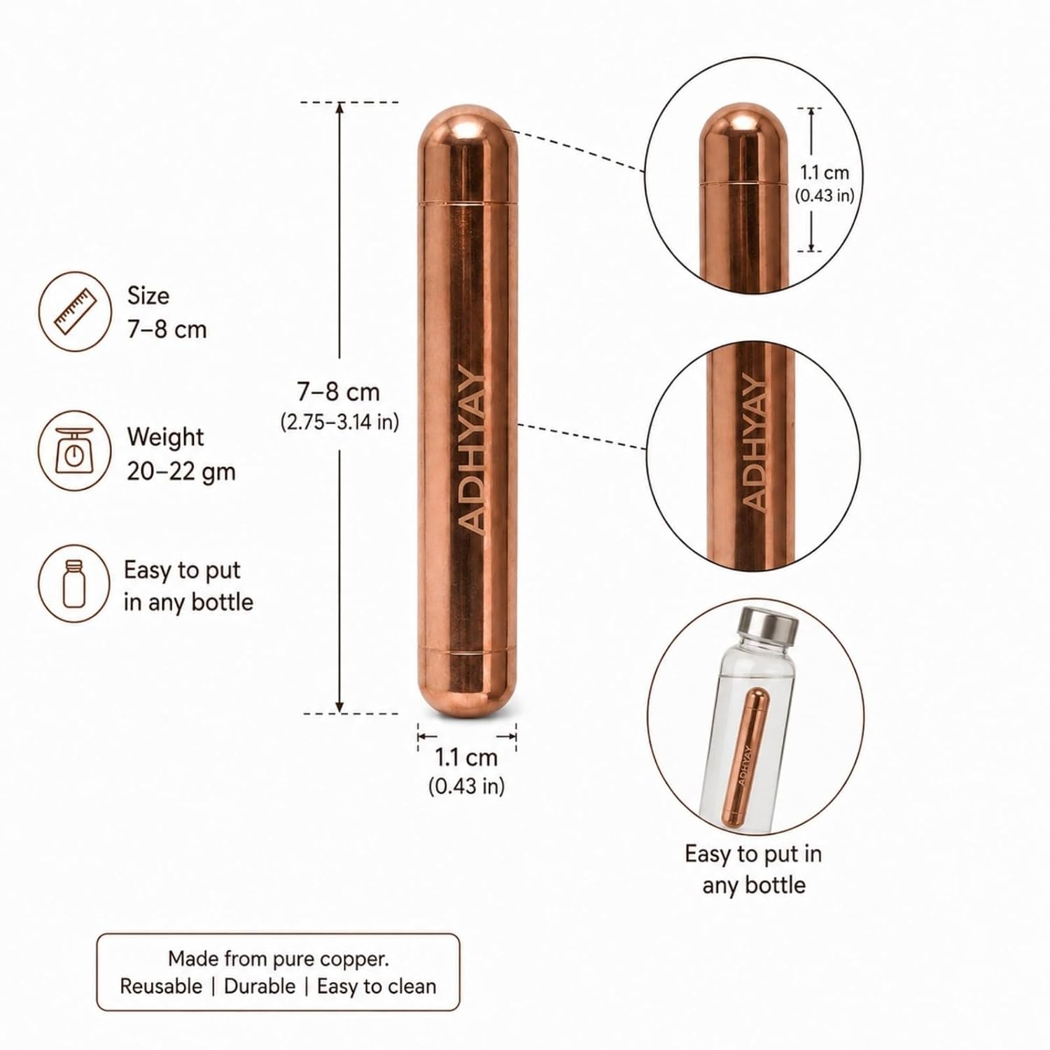 ADHYAY Copper Stem Water Enhancer, 99.9% Pure Unpolished Food-Grade Copper Sticks, Set of 2 – view 3
