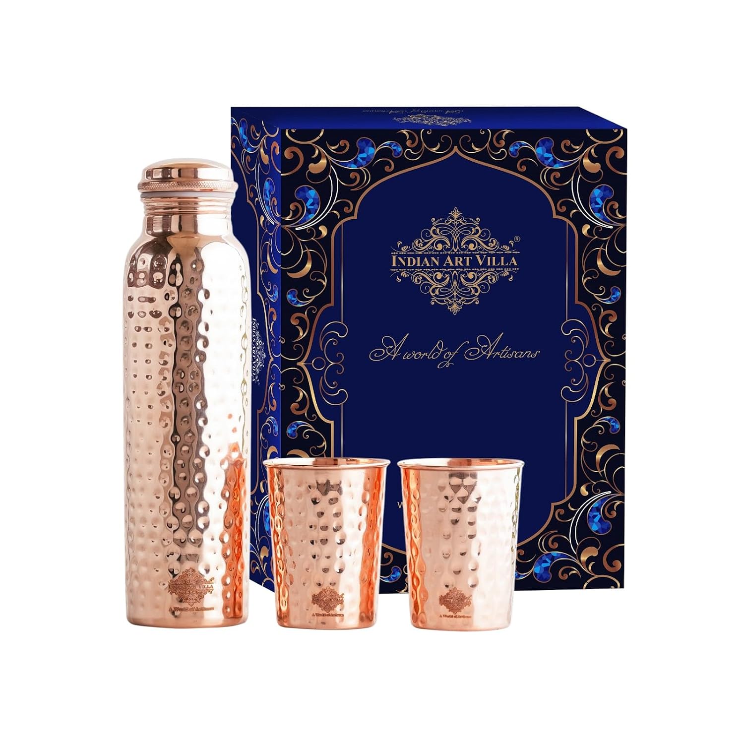 INDIAN ART VILLA Pure Copper Drinkware Gift Set of Hammered Design 1 Bottle & 2 Glass with Blue Box, Gifting Item for Diwali, Birthday & Parties, Bottle-900 ML & Glass- 275 ML