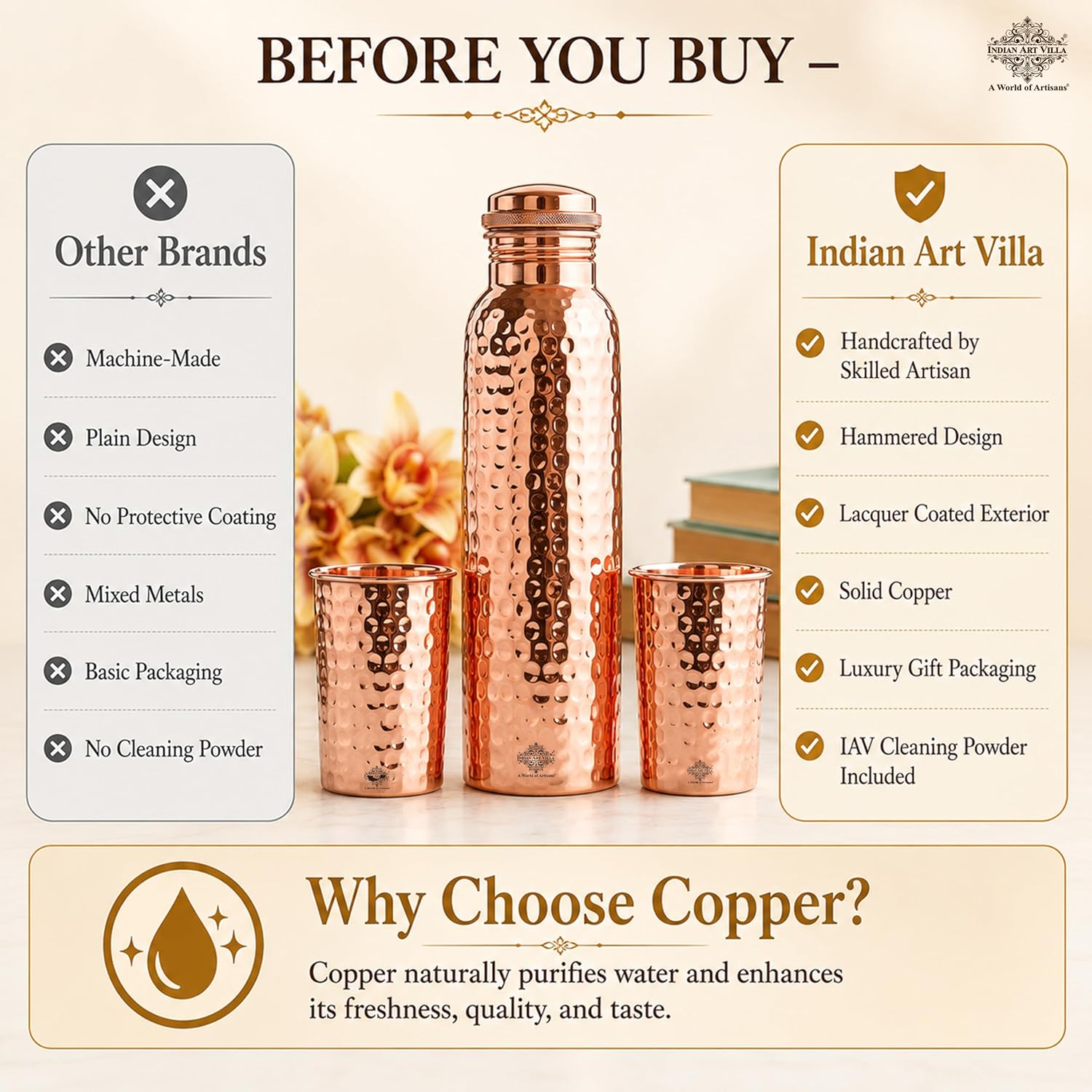 INDIAN ART VILLA Pure Copper Hammered Drinkware Gift Set with 1 Bottle, 2 Glasses & Blue Box – view 8