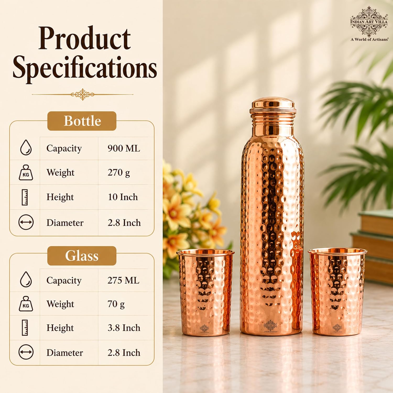 INDIAN ART VILLA Pure Copper Hammered Drinkware Gift Set with 1 Bottle, 2 Glasses & Blue Box – view 5