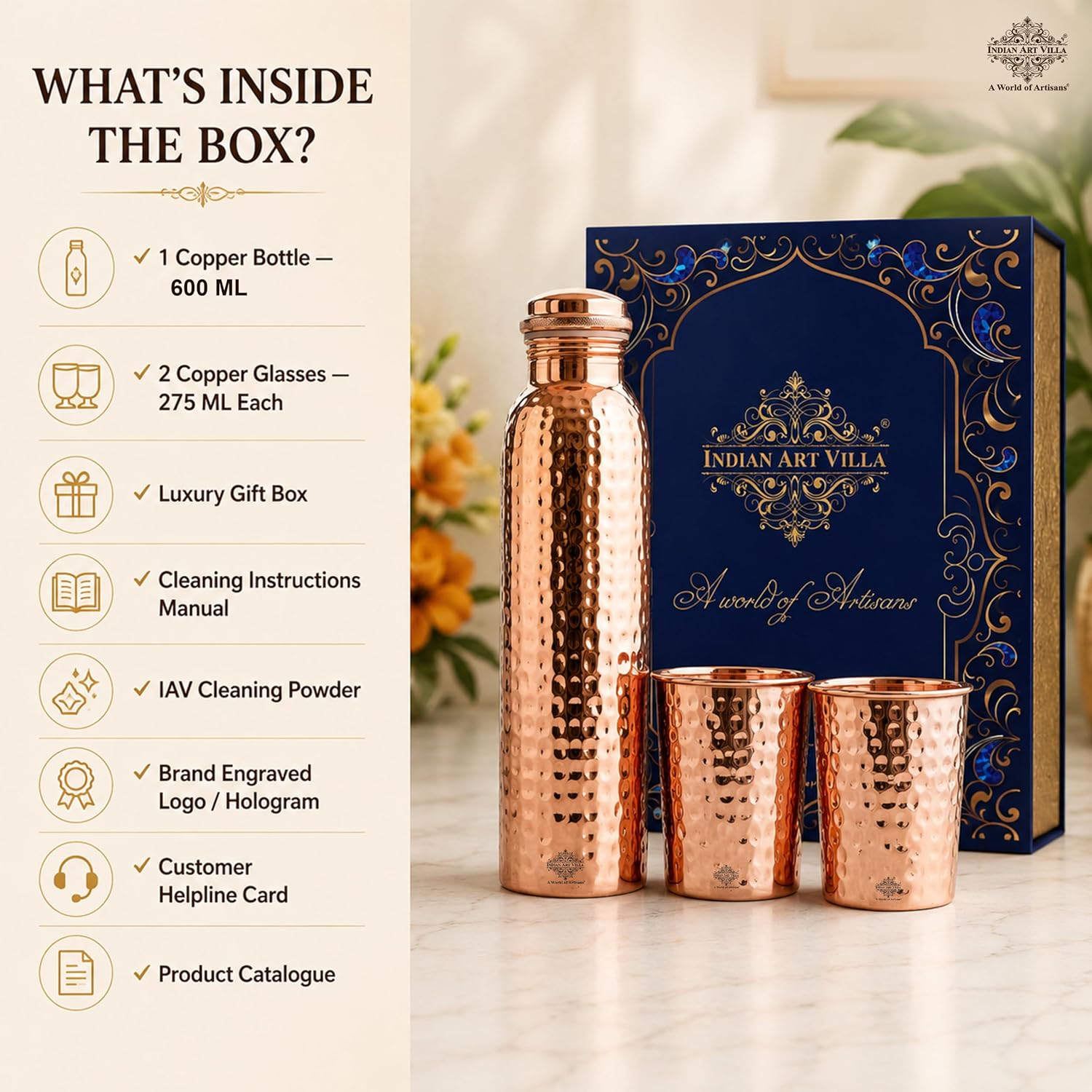 INDIAN ART VILLA Pure Copper Hammered Drinkware Gift Set with 1 Bottle, 2 Glasses & Blue Box – view 9