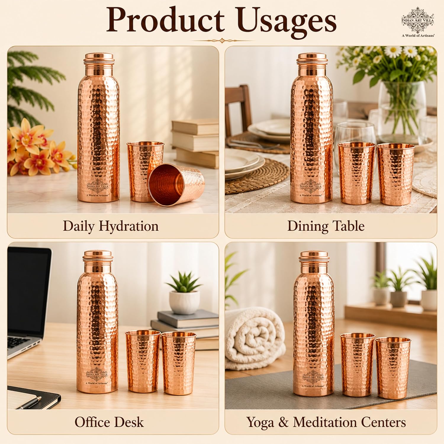 INDIAN ART VILLA Pure Copper Hammered Drinkware Gift Set with 1 Bottle, 2 Glasses & Blue Box – view 6
