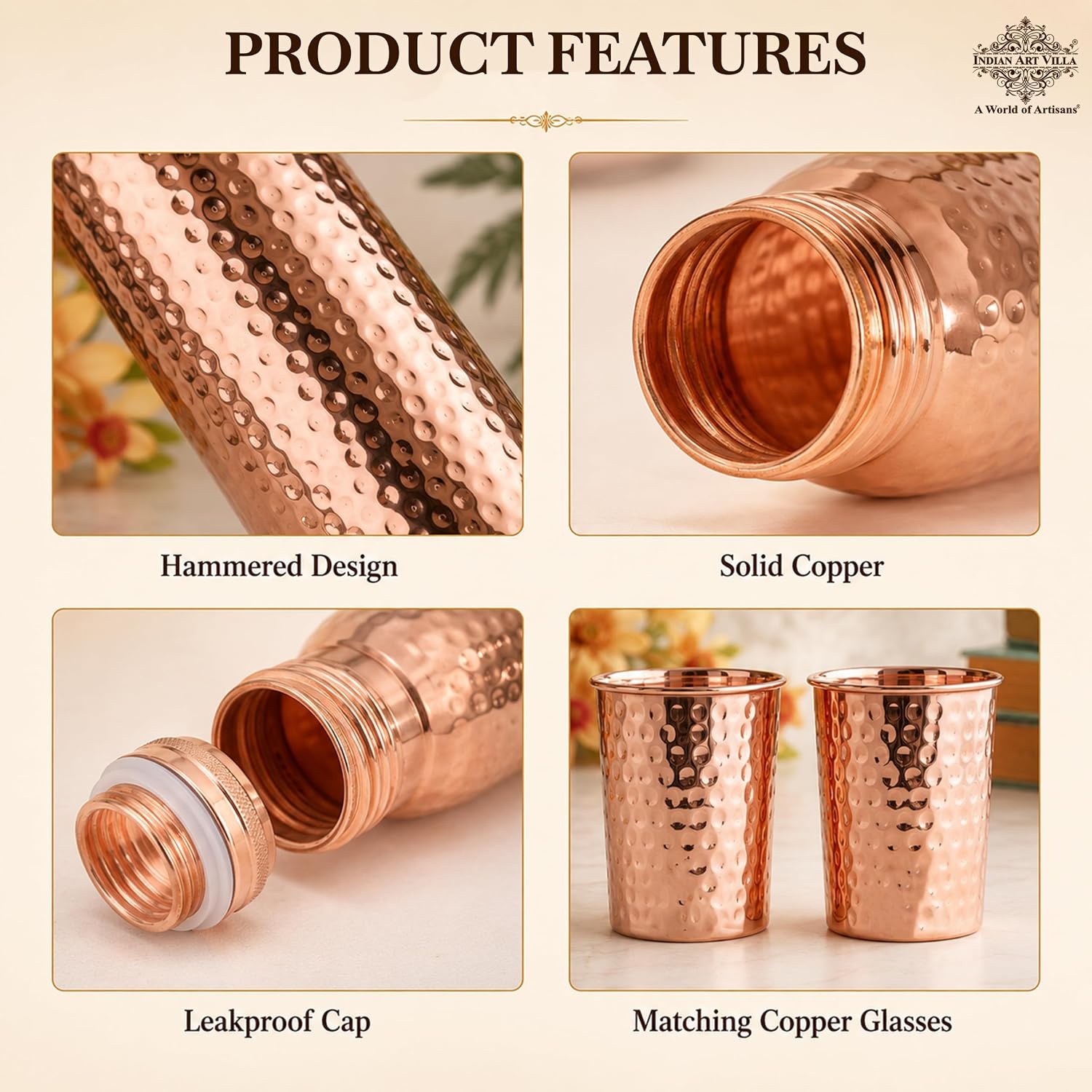 INDIAN ART VILLA Pure Copper Hammered Drinkware Gift Set with 1 Bottle, 2 Glasses & Blue Box – view 7
