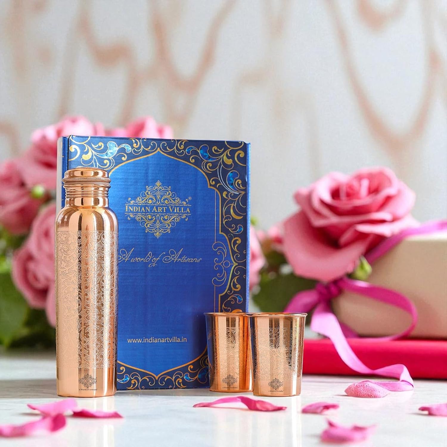 INDIAN ART VILLA Pure Copper Drinkware Gift Set, Embossed Design, 1 Bottle (900 ML) & 2 Glasses (275 ML), Blue Gift Box – view 4