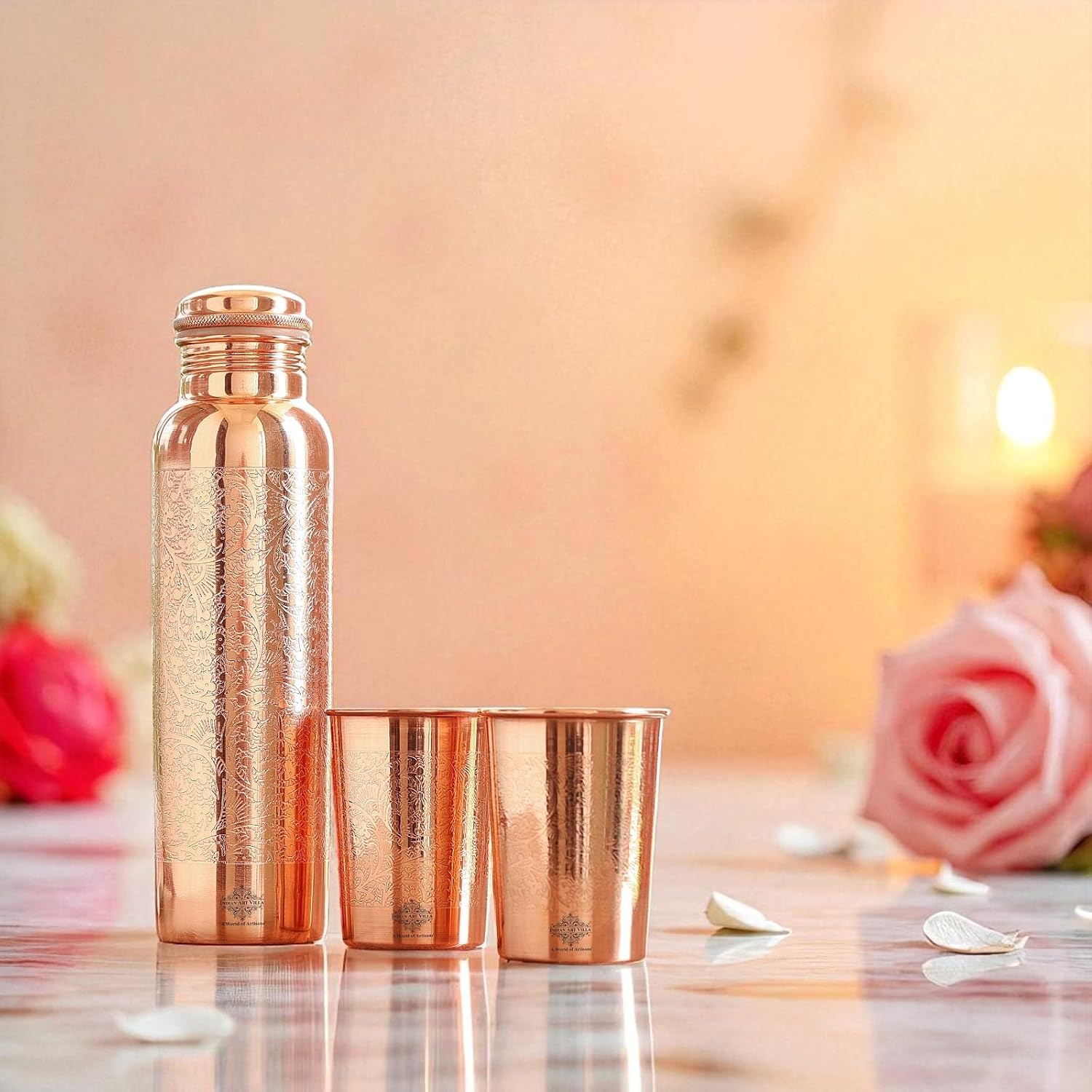 INDIAN ART VILLA Pure Copper Drinkware Gift Set, Embossed Design, 1 Bottle (900 ML) & 2 Glasses (275 ML), Blue Gift Box – view 5
