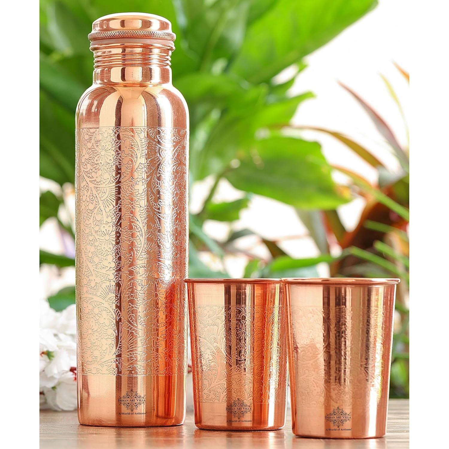 INDIAN ART VILLA Pure Copper Drinkware Gift Set, Embossed Design, 1 Bottle (900 ML) & 2 Glasses (275 ML), Blue Gift Box – view 2