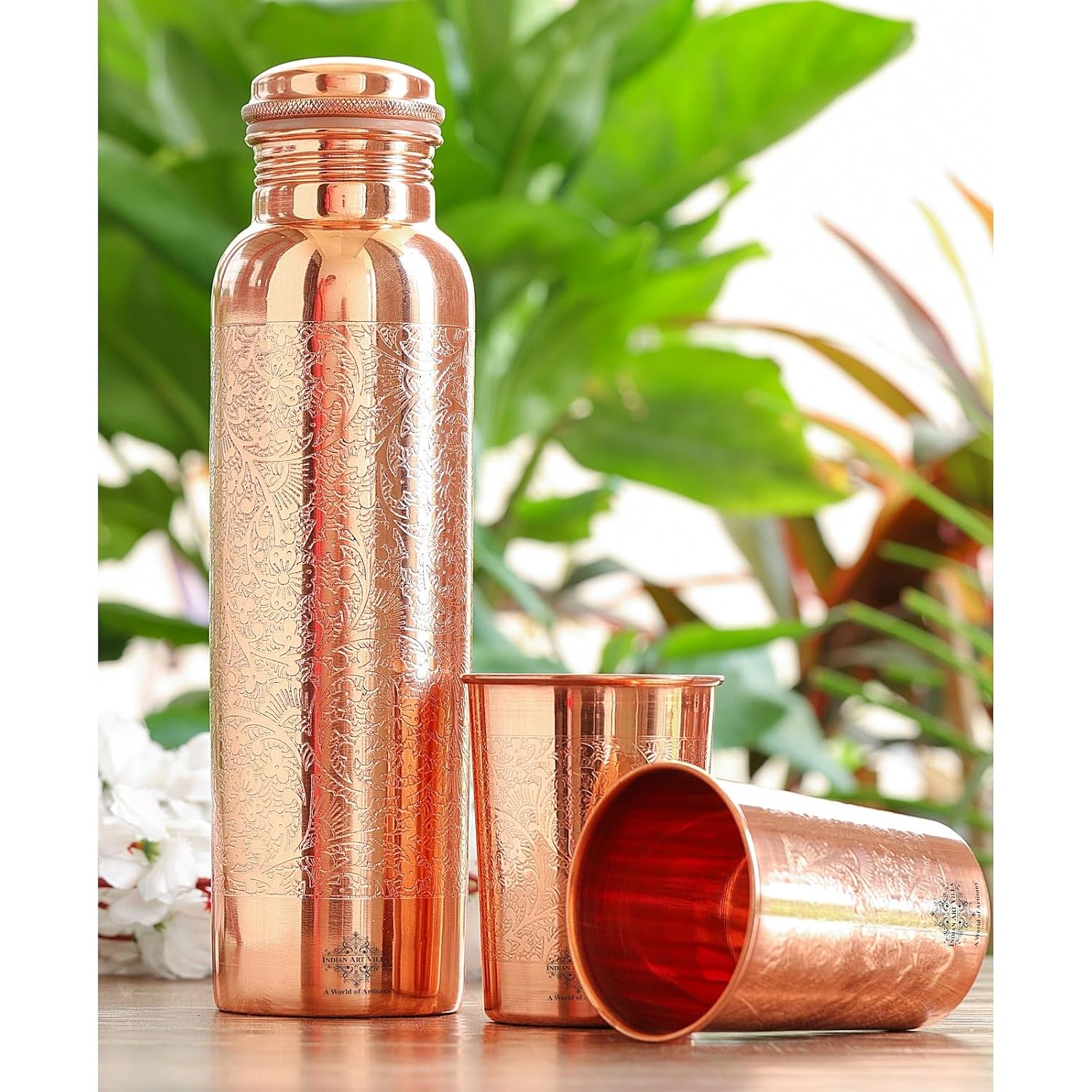 INDIAN ART VILLA Pure Copper Drinkware Gift Set, Embossed Design, 1 Bottle (900 ML) & 2 Glasses (275 ML), Blue Gift Box – view 3