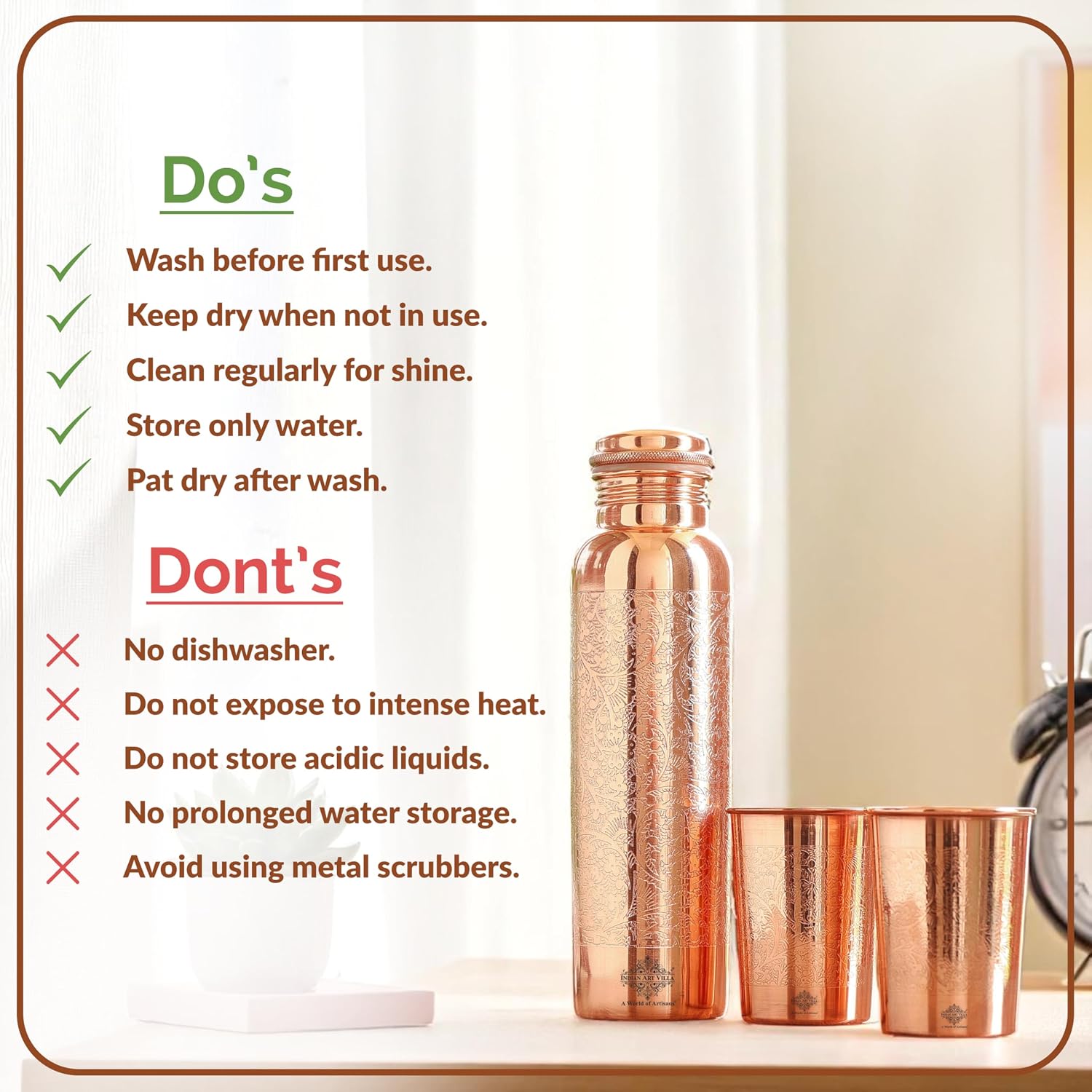 INDIAN ART VILLA Pure Copper Drinkware Gift Set, Embossed Design, 1 Bottle (900 ML) & 2 Glasses (275 ML), Blue Gift Box – view 8