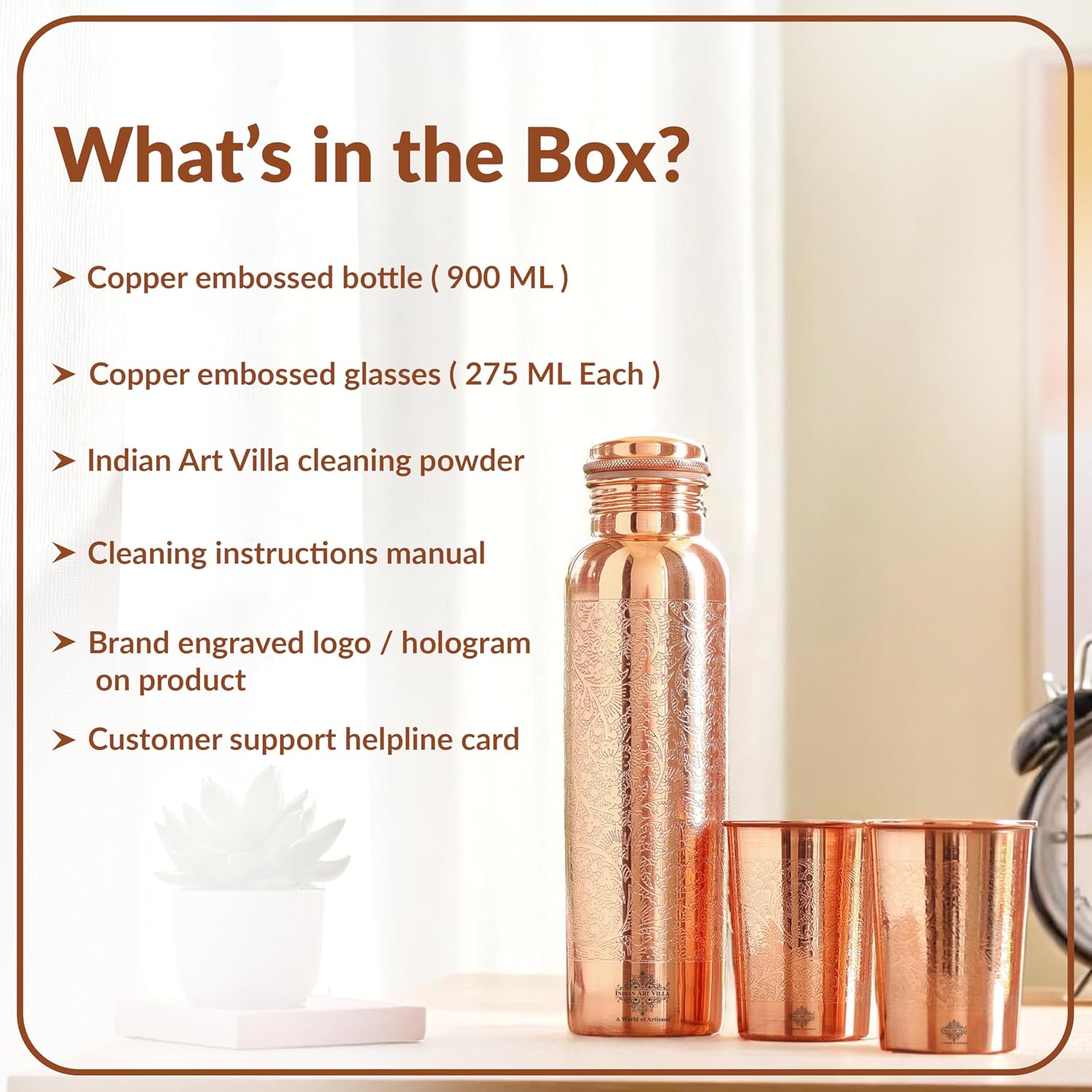 INDIAN ART VILLA Pure Copper Drinkware Gift Set, Embossed Design, 1 Bottle (900 ML) & 2 Glasses (275 ML), Blue Gift Box – view 9