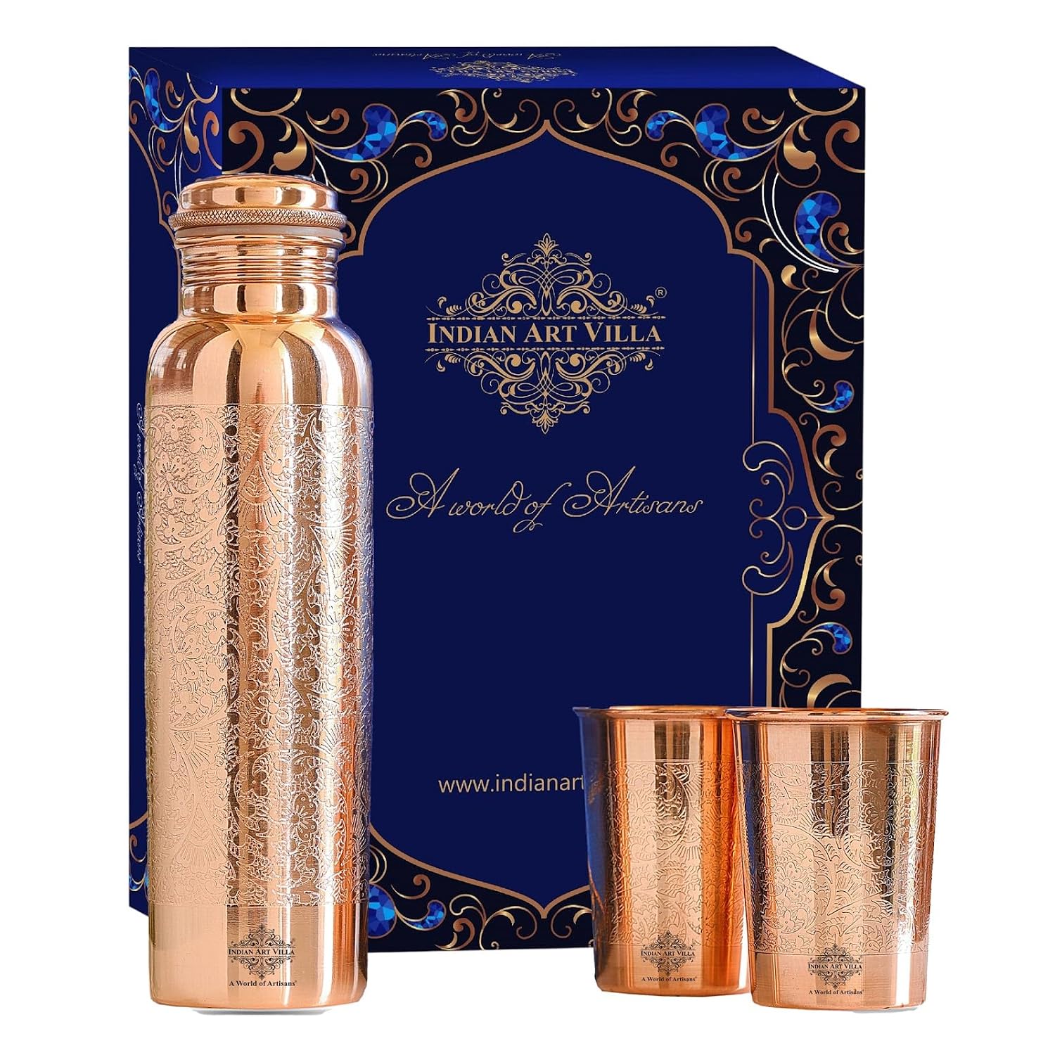 INDIAN ART VILLA Pure Copper Drinkware Gift Set – Embossed Design with 1 Bottle (900 ML) & 2 Glasses (275 ML) in a Blue Box – Gifting Item for Diwali, Weddings, and Festive Occasions
