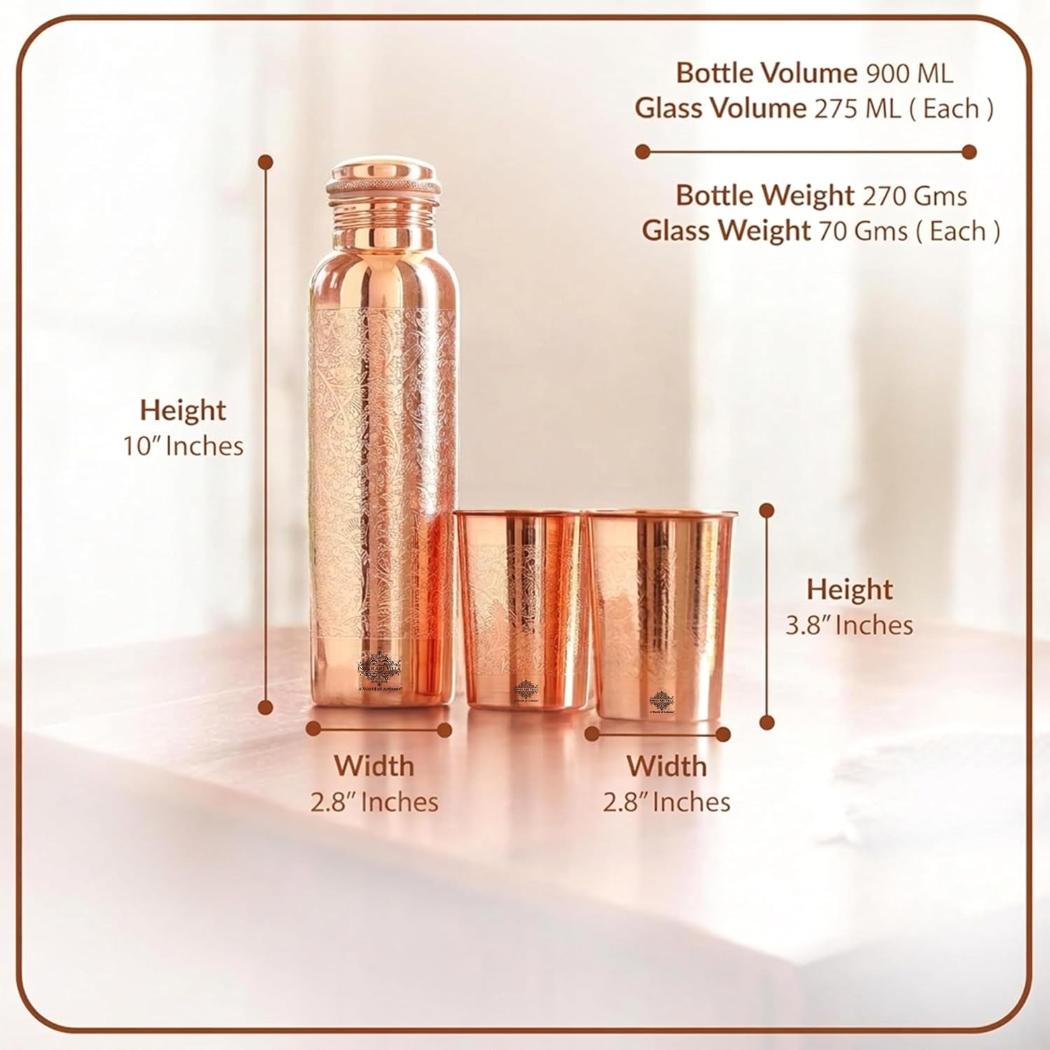 INDIAN ART VILLA Pure Copper Drinkware Gift Set, Embossed Design, 1 Bottle (900 ML) & 2 Glasses (275 ML), Blue Gift Box – view 6